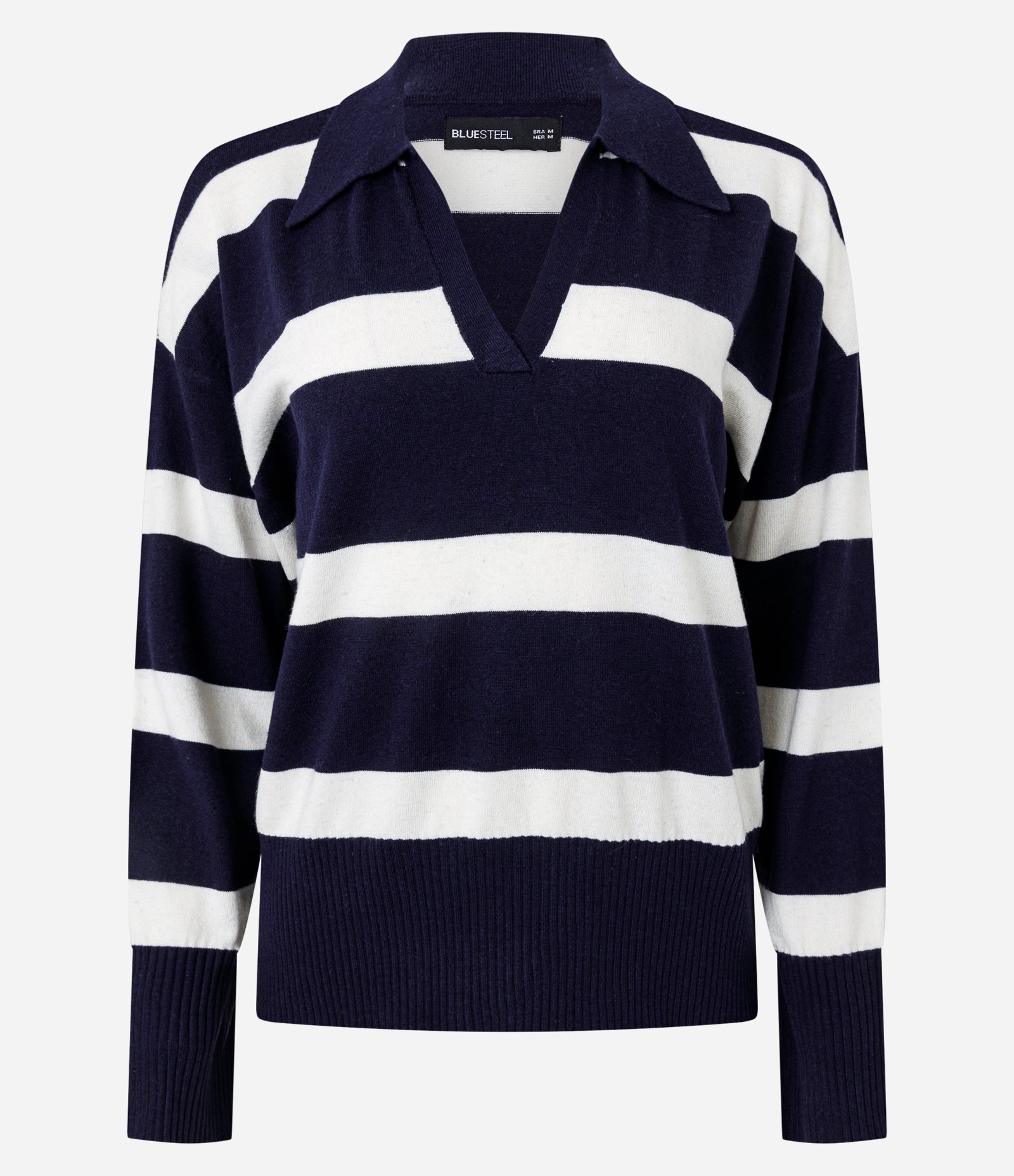 Suéter em Tricô Listrado com Gola Polo Azul 1
