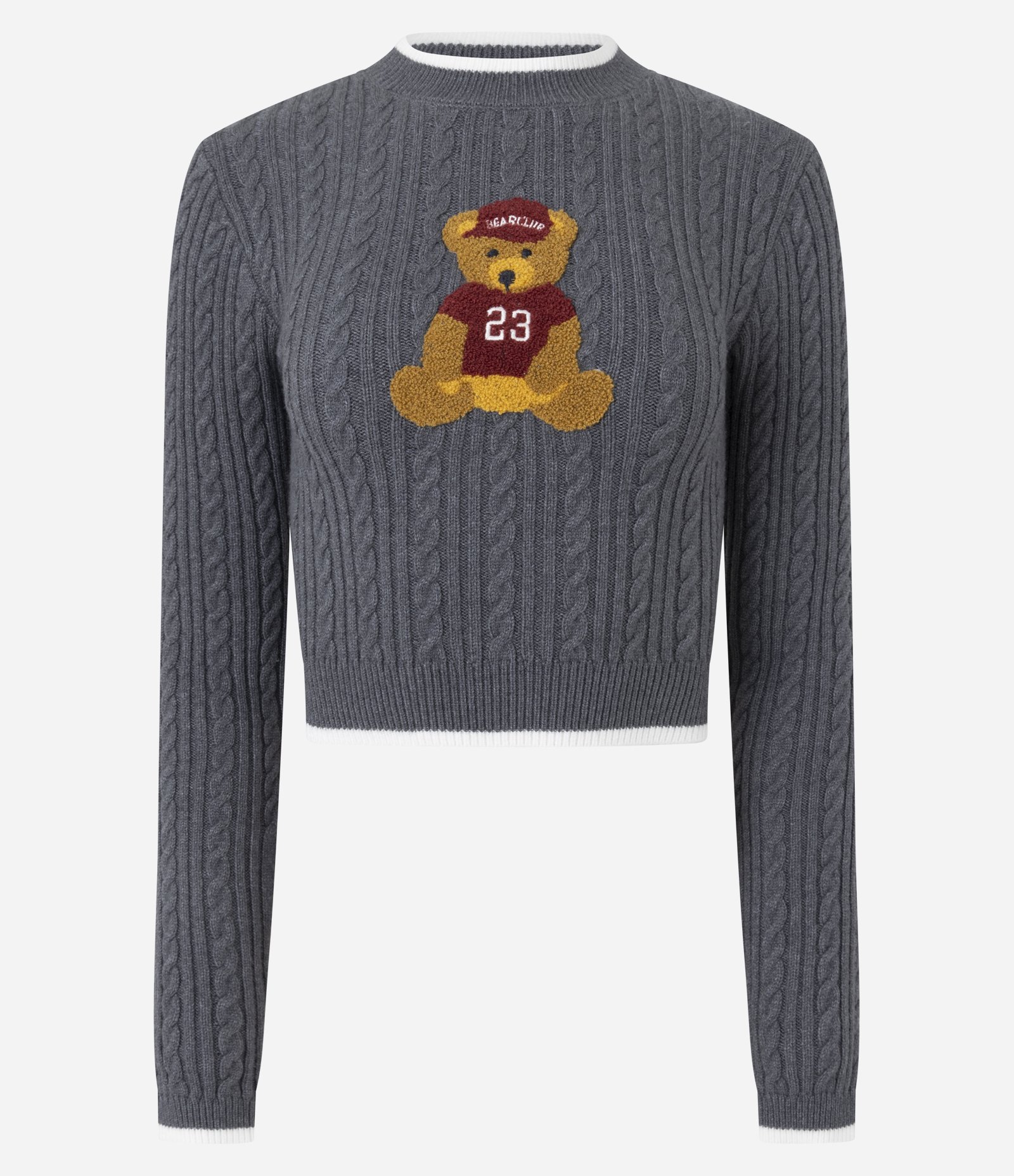 Blusa Cropped em Tricô com Estampa de Urso Cinza 1