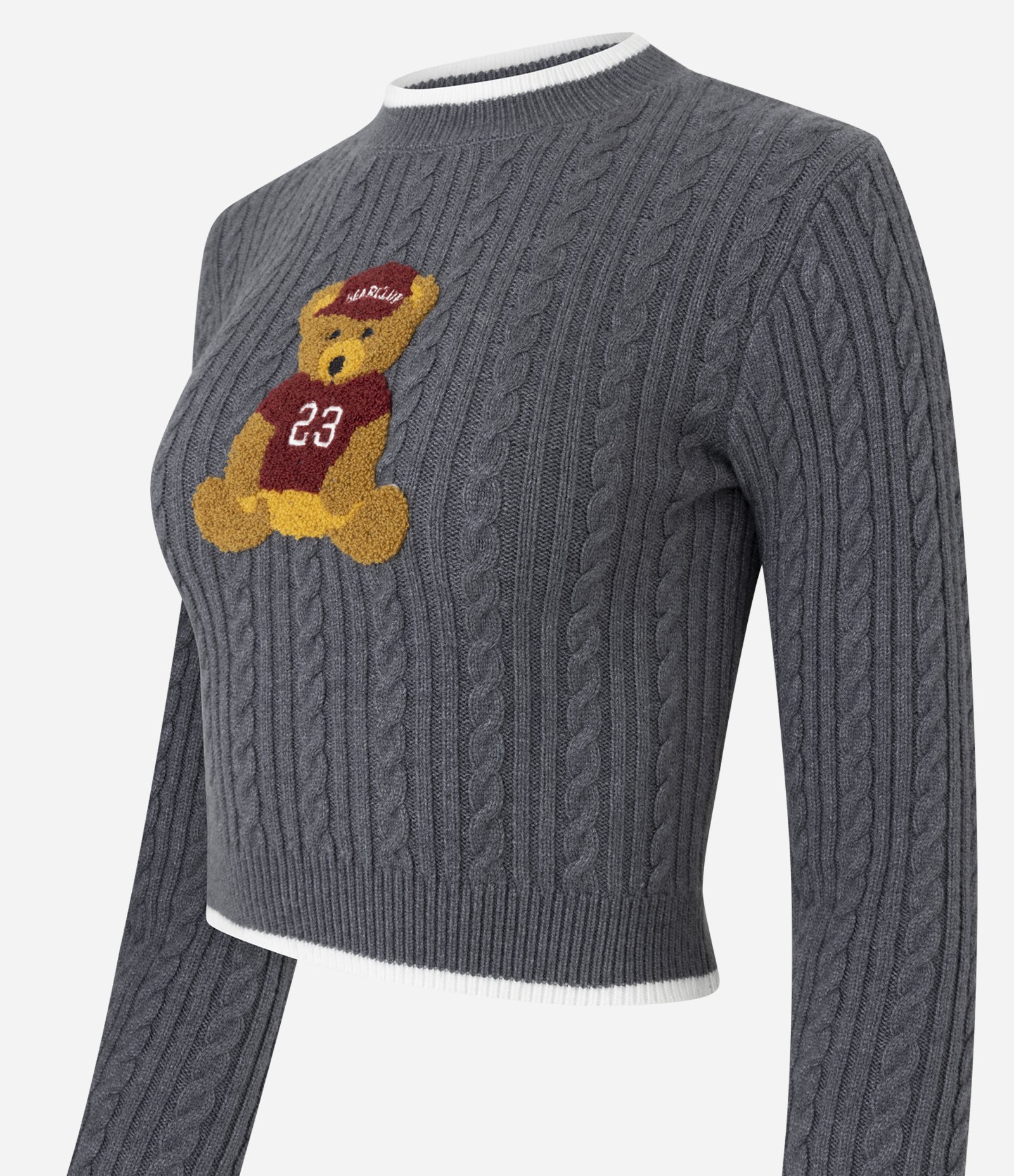 Blusa Cropped em Tricô com Estampa de Urso Cinza 2