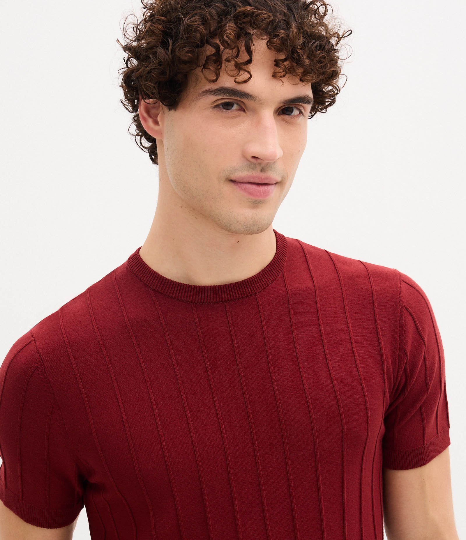 Camiseta Slim em Tricô com Relevos Verticais Vinho 3