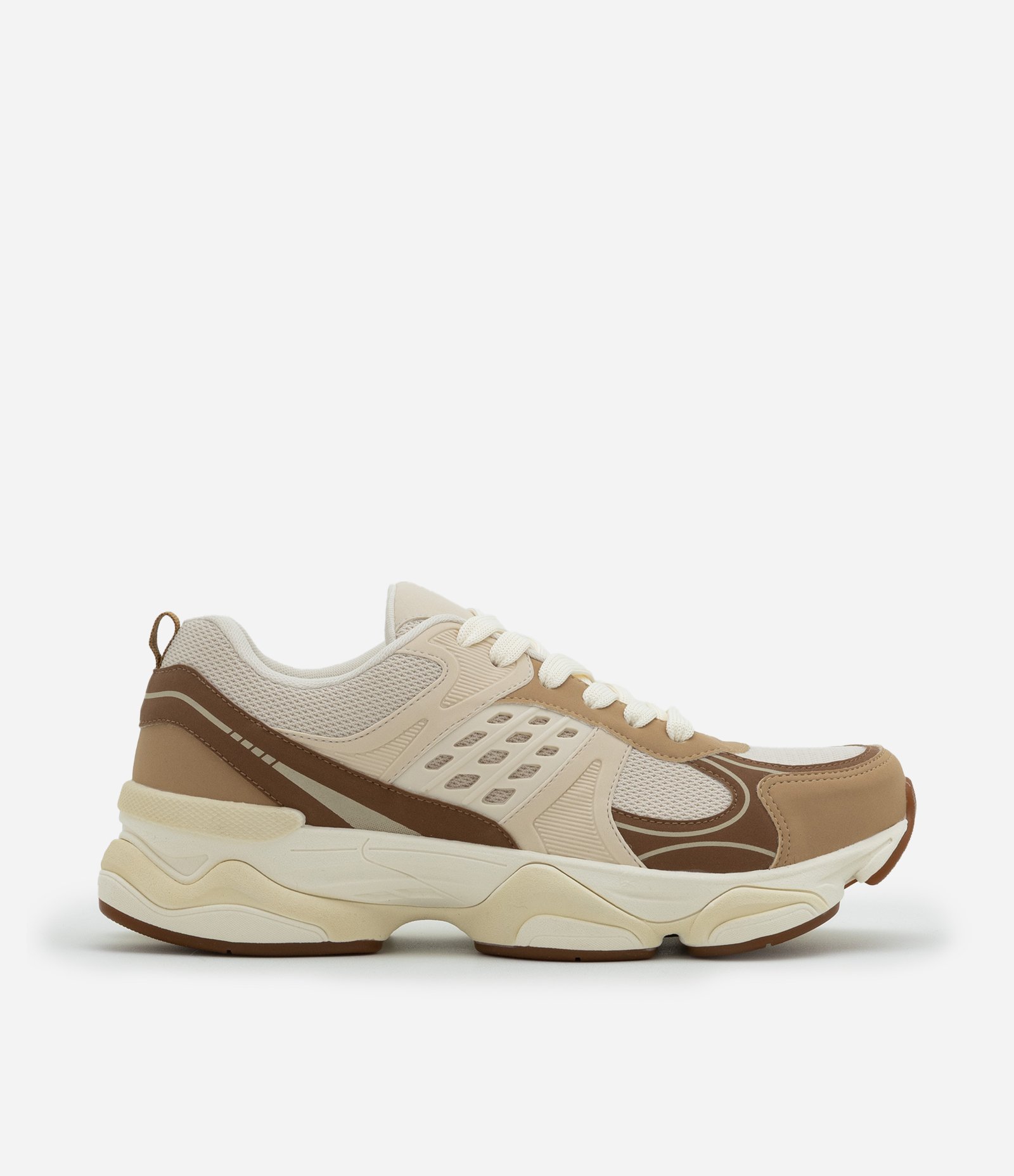 Tênis Dad Sneaker em PU com Recortes e Solado Alto Bege 1