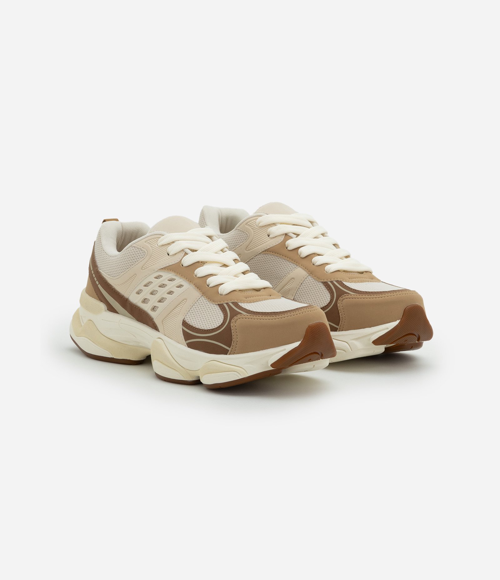 Tênis Dad Sneaker em PU com Recortes e Solado Alto Bege 2