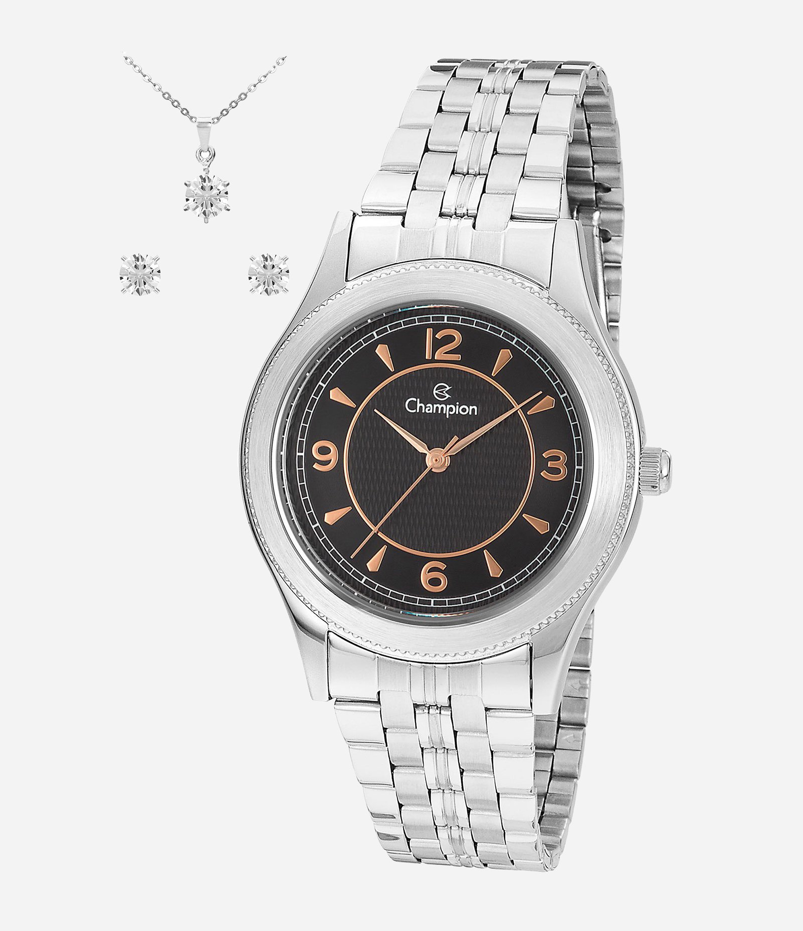 Kit Relógio Analógico Aço Feminino Champion Prata 1