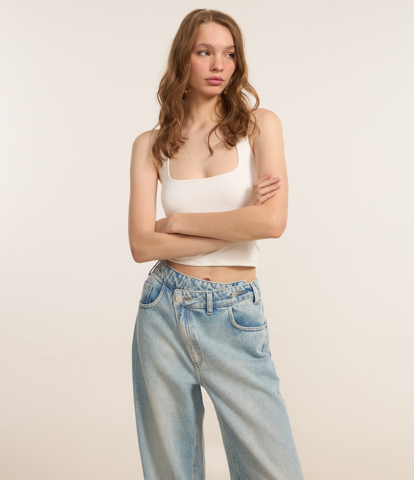 Calça Wide Leg em Jeans com Cós Transpassado Azul 1