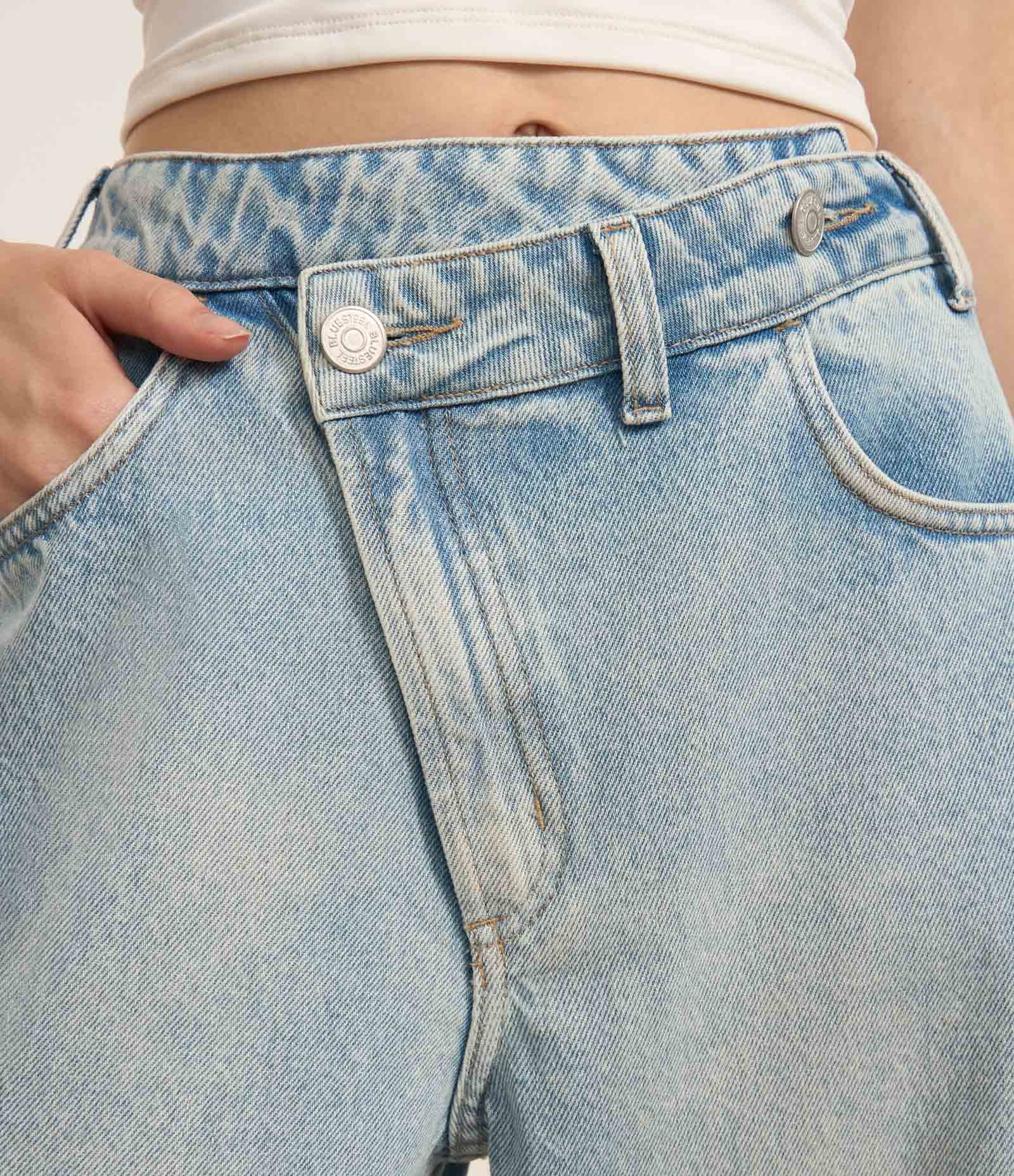 Calça Wide Leg em Jeans com Cós Transpassado Azul 3