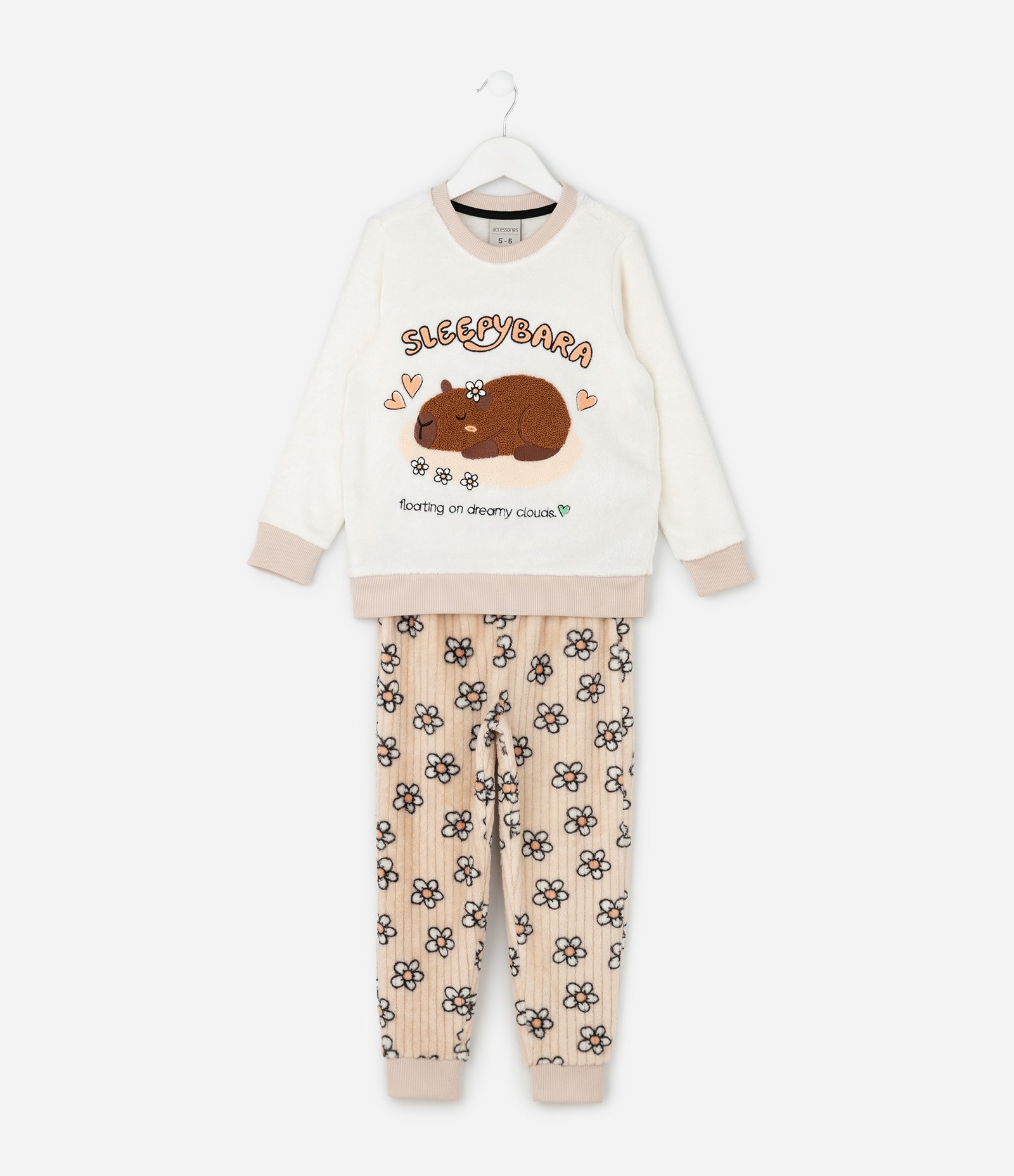 Pijama Infantil com Estampa Capivara em Chenille – Tam 5 a 14 Anos Off White/Bege 1