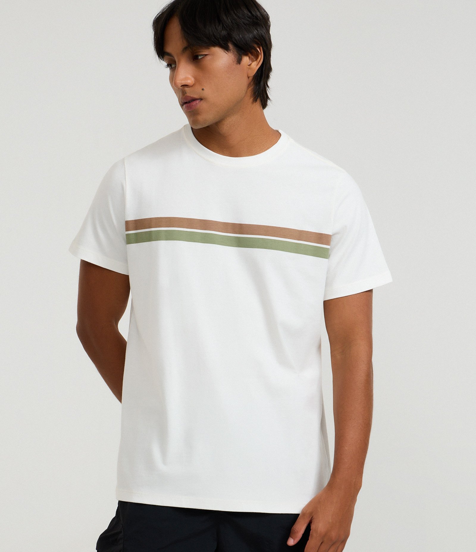 Camiseta Regular em Algodão com Listras Branco 1