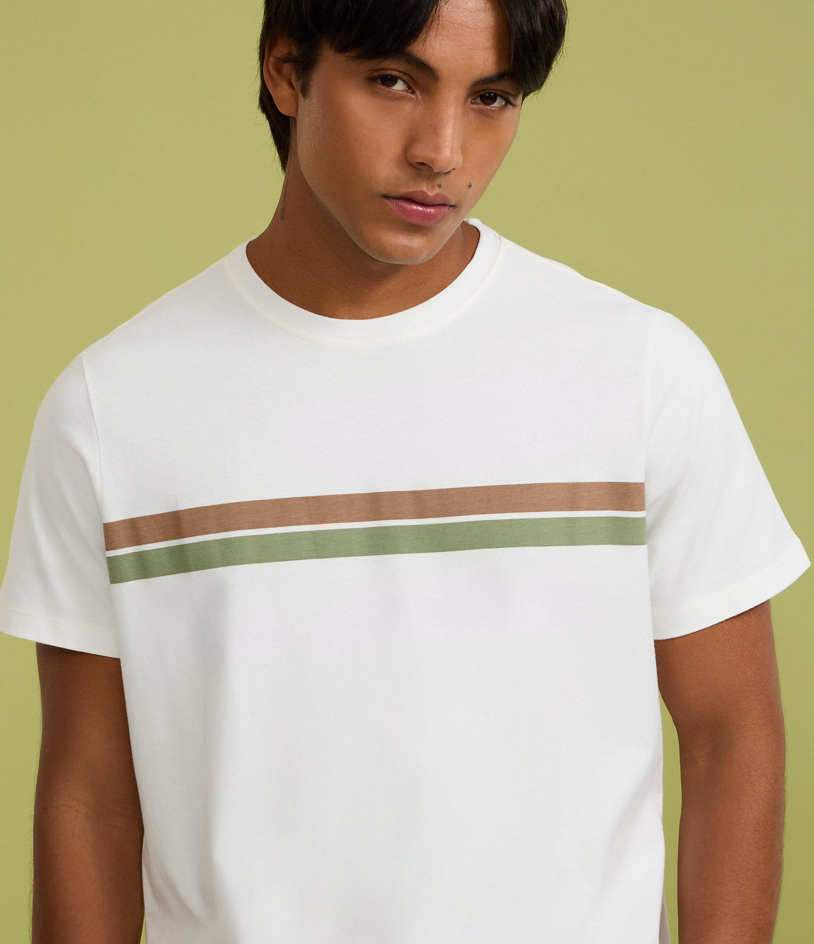 Camiseta Regular em Algodão com Listras Branco 3
