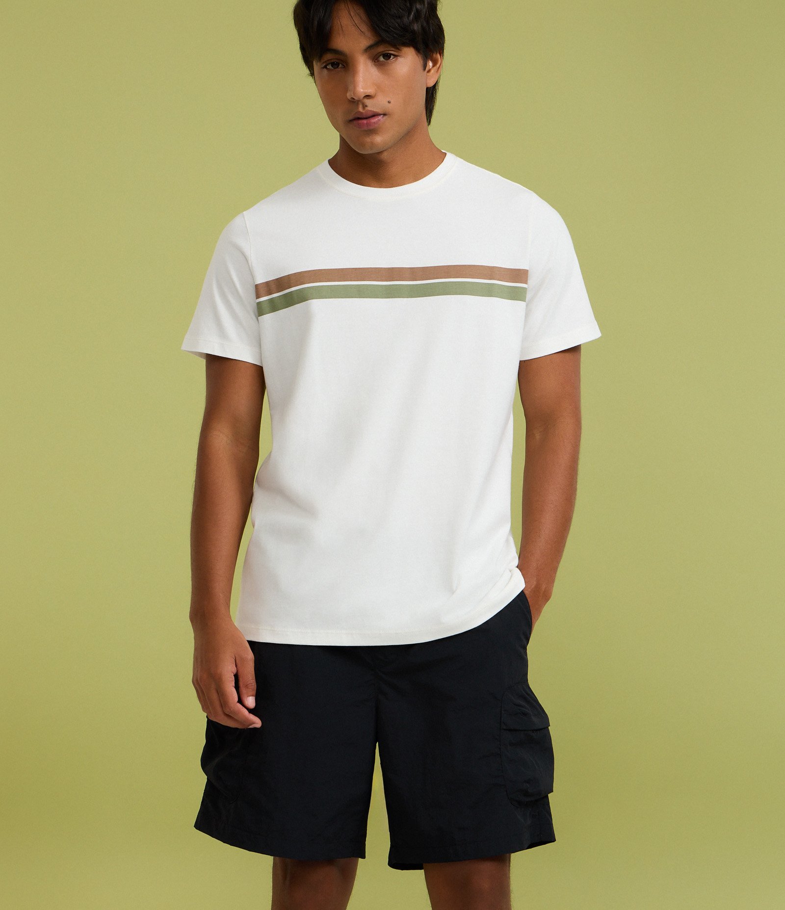 Camiseta Regular em Algodão com Listras Branco 4