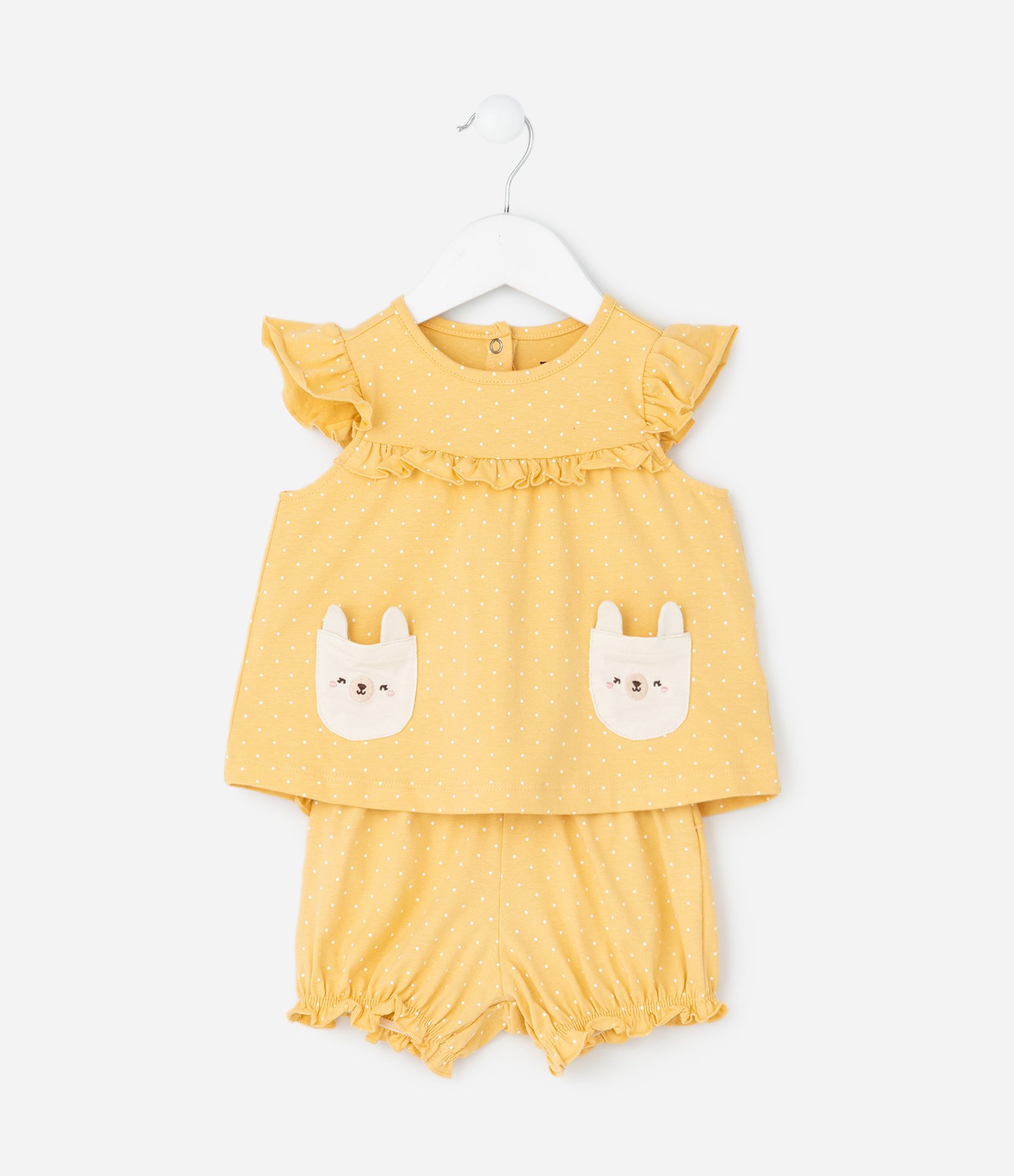Conjunto Infantil Bata e Short com Estampa Poá – Tam 0 a 18 Meses Amarelo 1