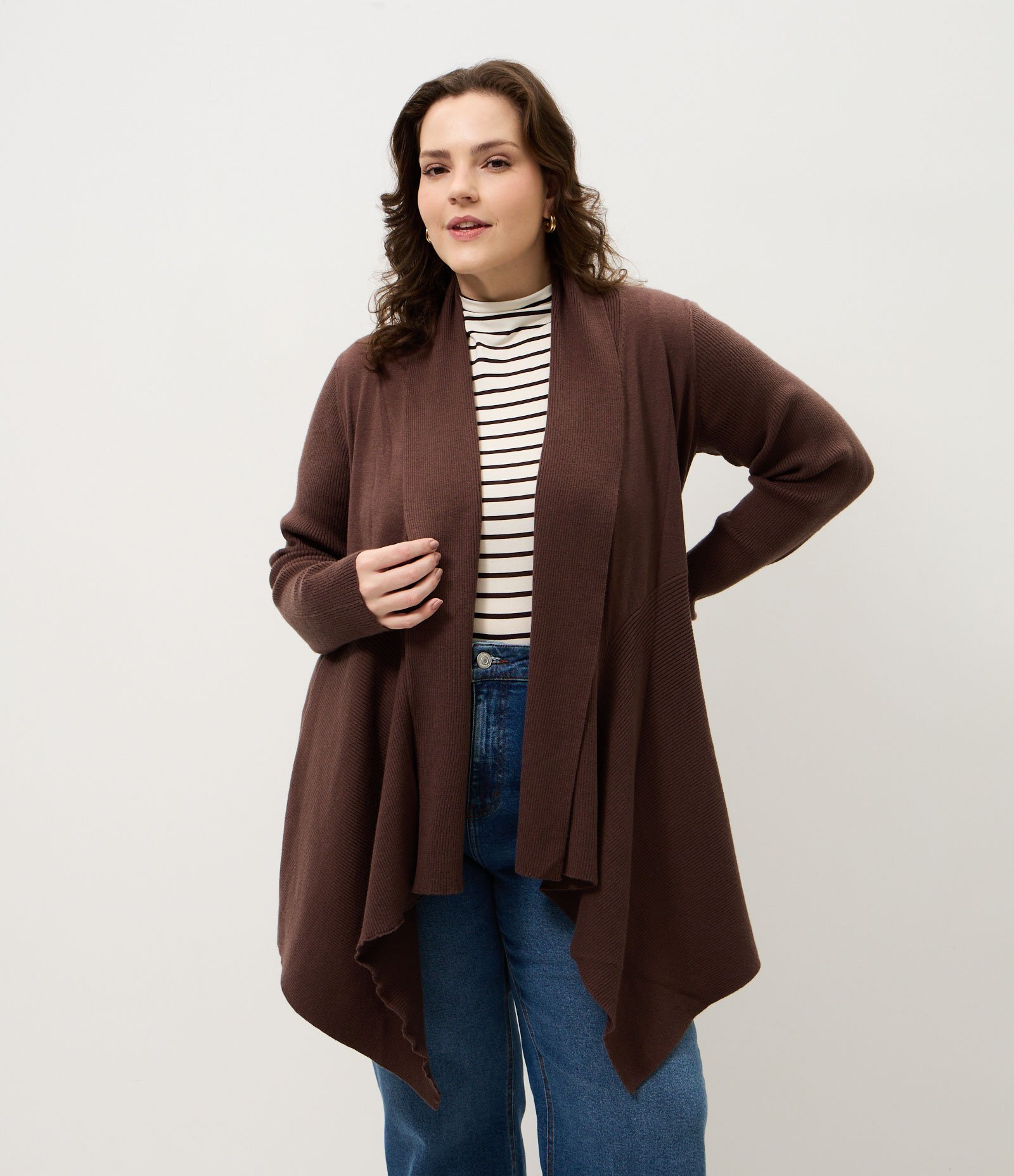 Cardigan Alongado em Tricô com Pontas Curve & Plus Size Marrom 1