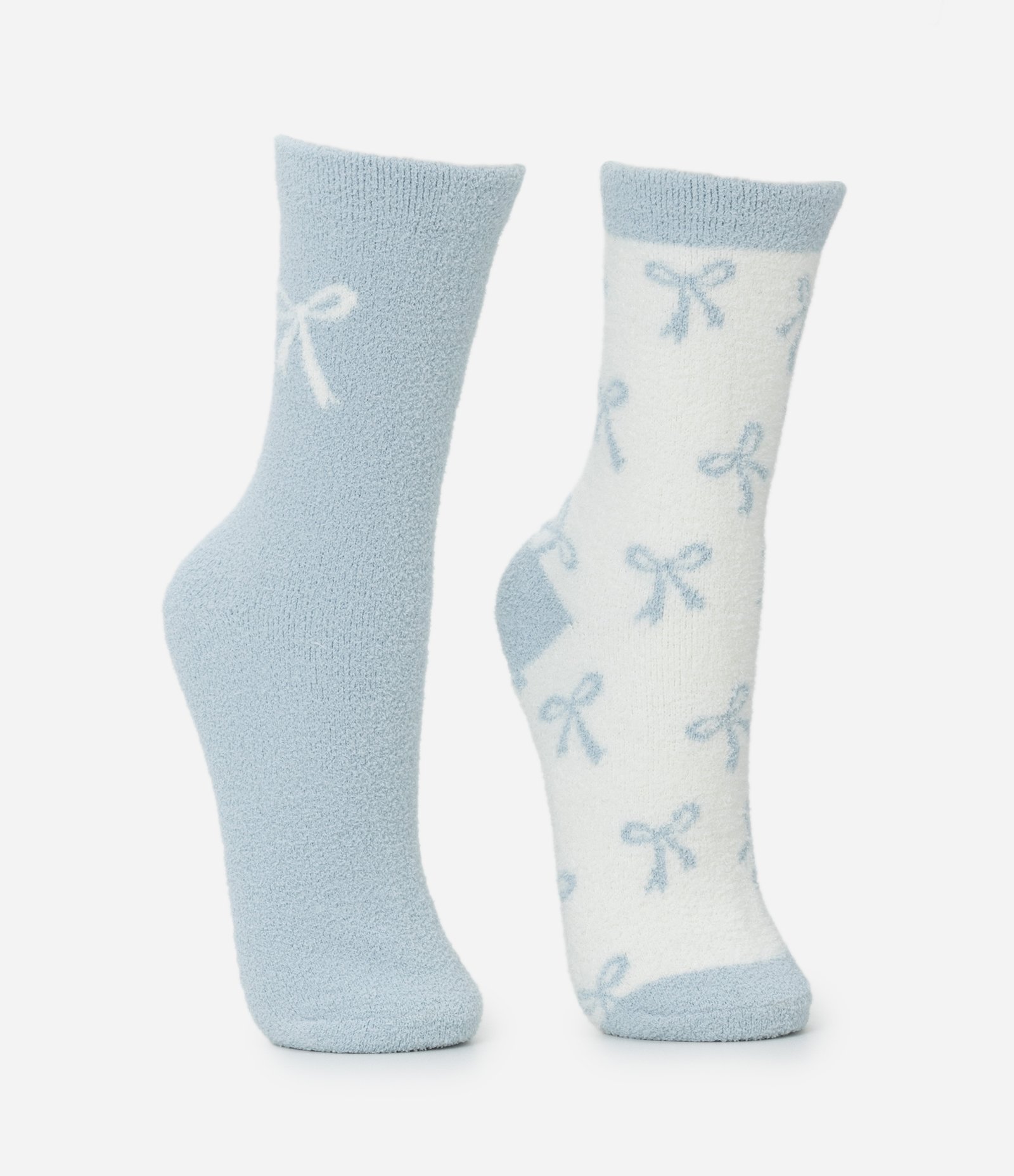 Kit 02 Meias Cano Alto em Chenille com Estampa de Lacinhos Azul/Branco 2