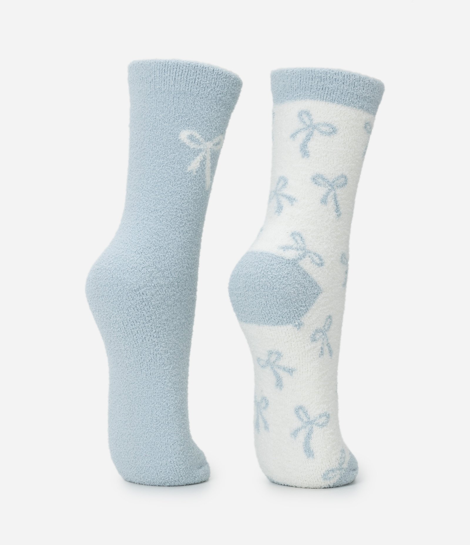 Kit 02 Meias Cano Alto em Chenille com Estampa de Lacinhos Azul/Branco 3