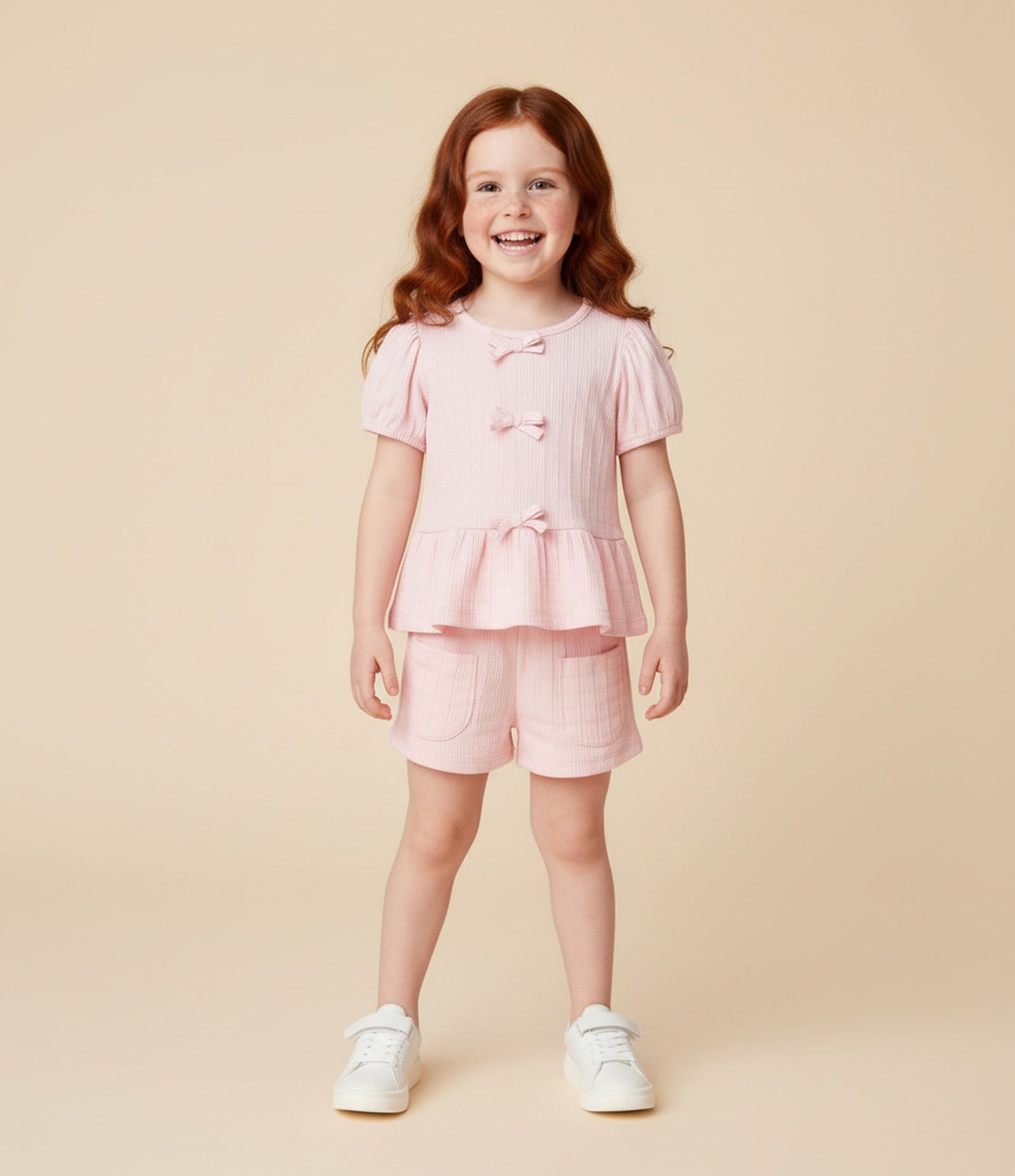 Conjunto Infantil Texturizado com Batinha e Short com Bolsos - Tam 1 A 6 Anos Rosa Claro 1