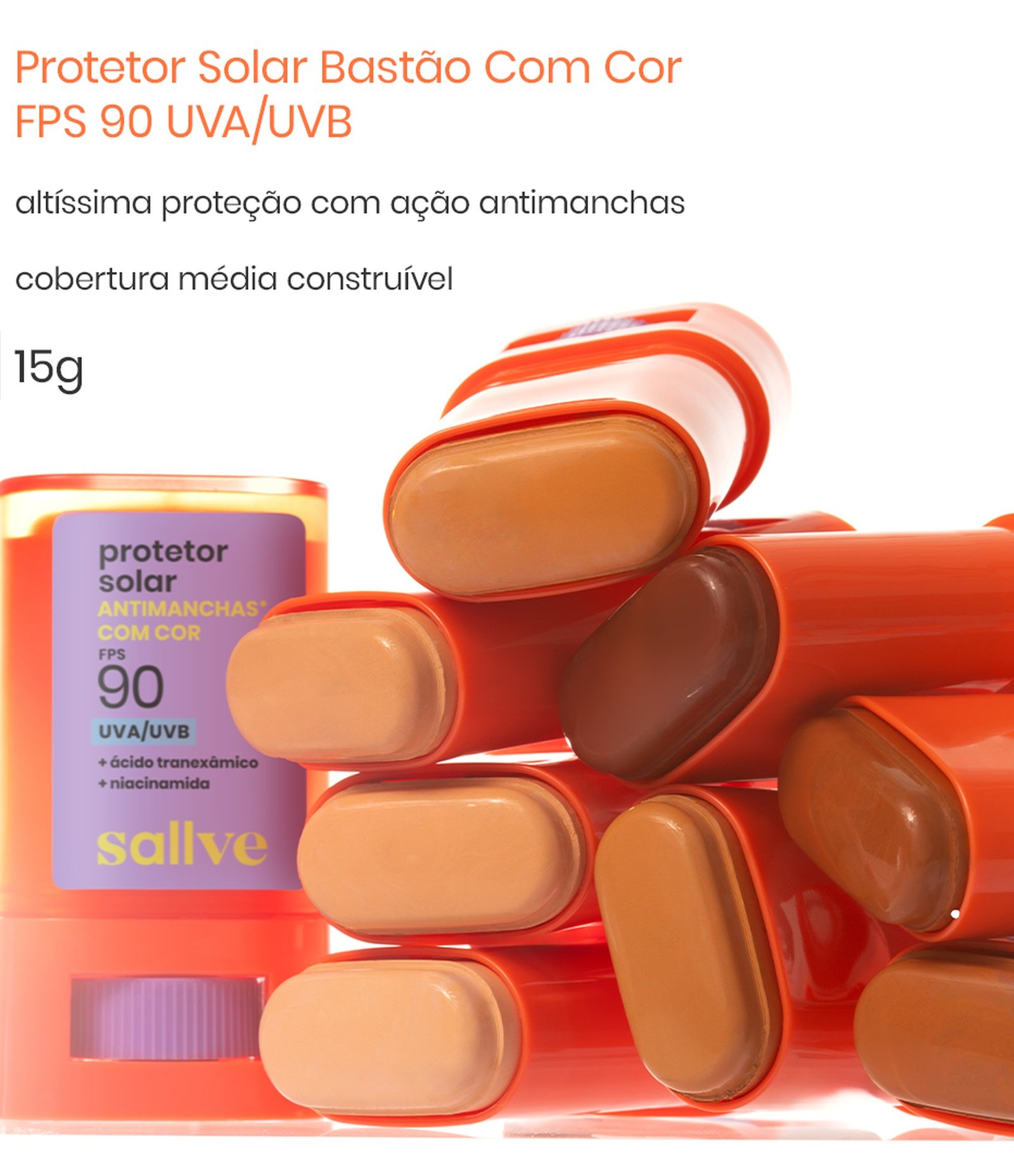 Protetor Solar Facial Bastao Antimanchas Com Cor FPS 90 Cor 1 Sallve 15g 1