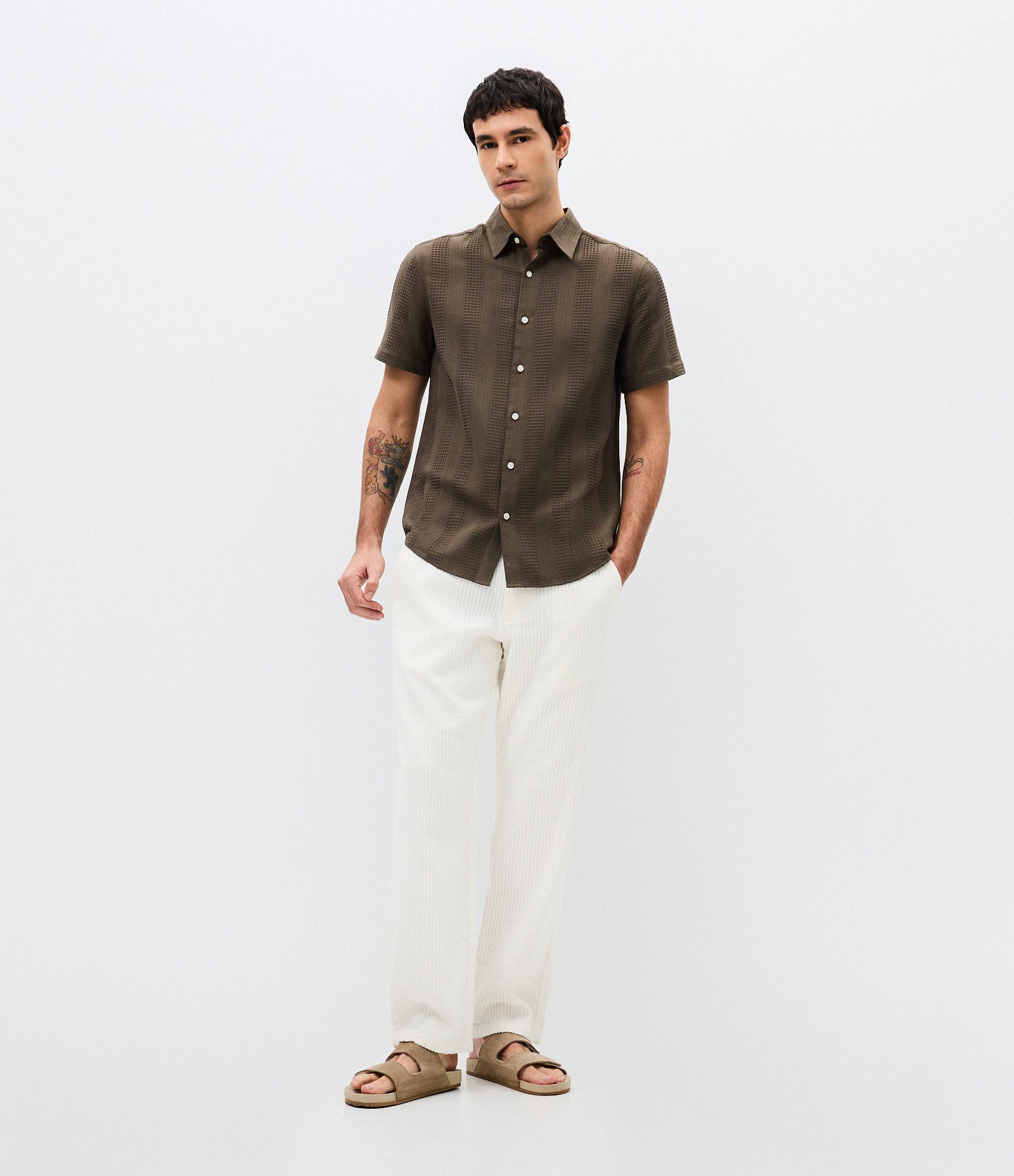 Calça Reta em Algodão com Textura Vertical Branco 1