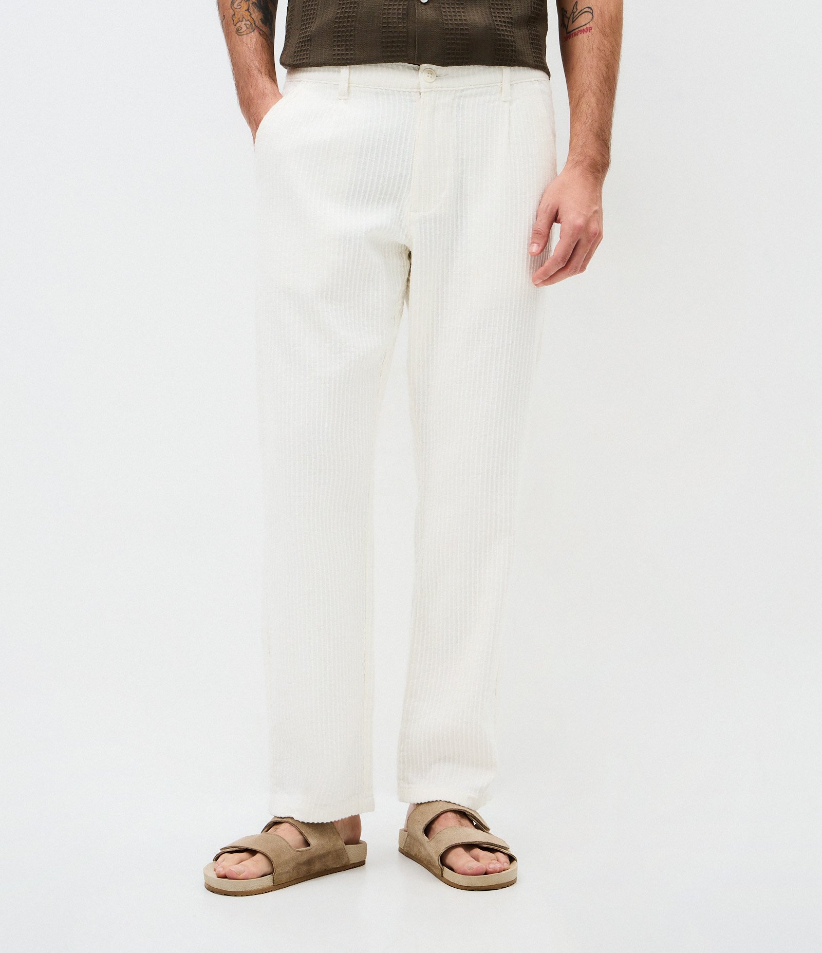 Calça Reta em Algodão com Textura Vertical Branco 2