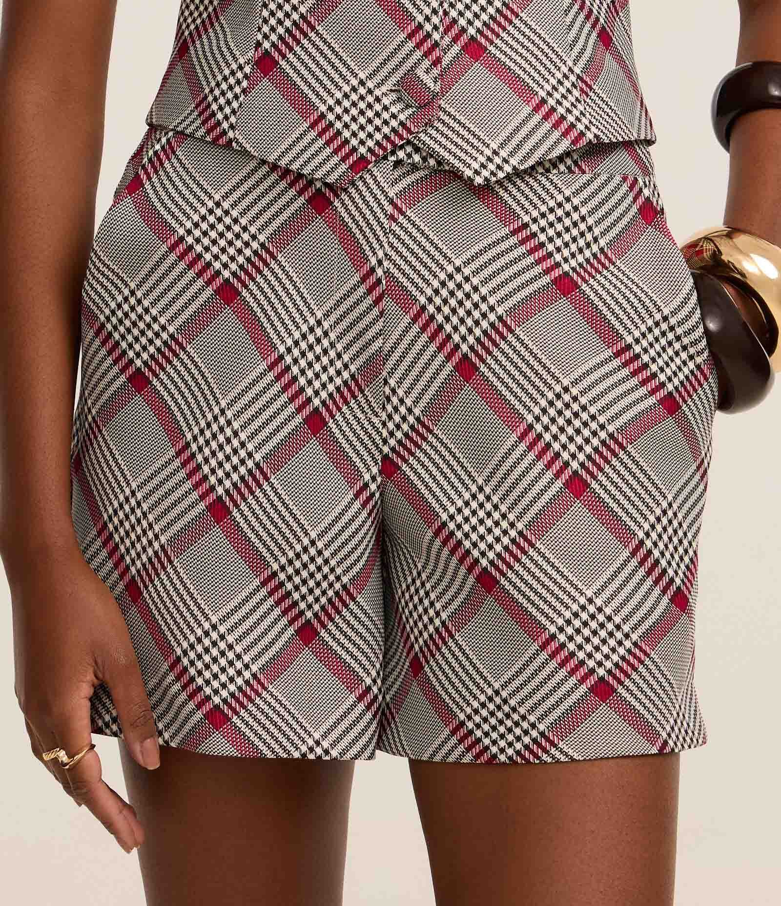 Bermuda Reta Alfaiataria com Estampa Xadrez Cinza/Bordô/Off White 2
