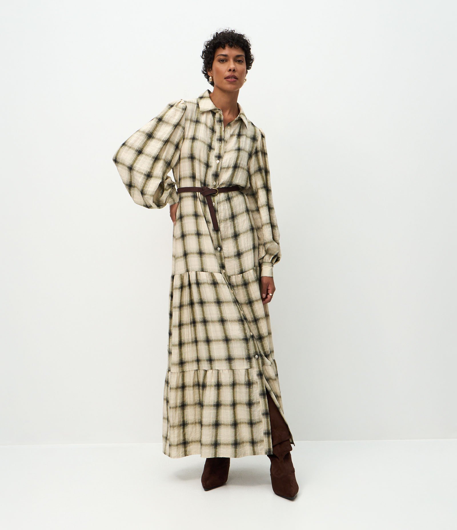 Vestido Long Midi em Viscose Xadrez com Cinto GG 1