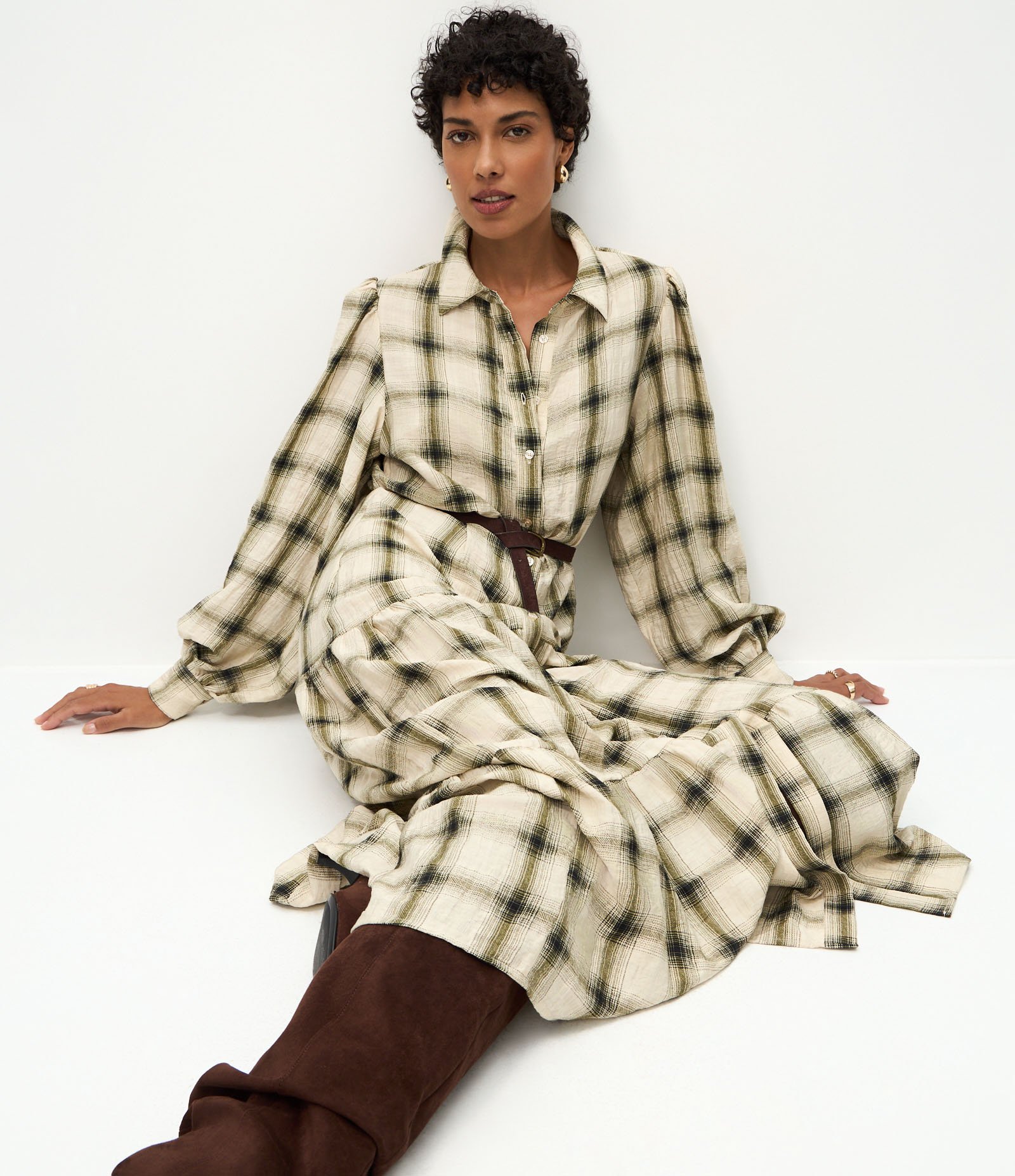 Vestido Long Midi em Viscose Xadrez com Cinto GG 5