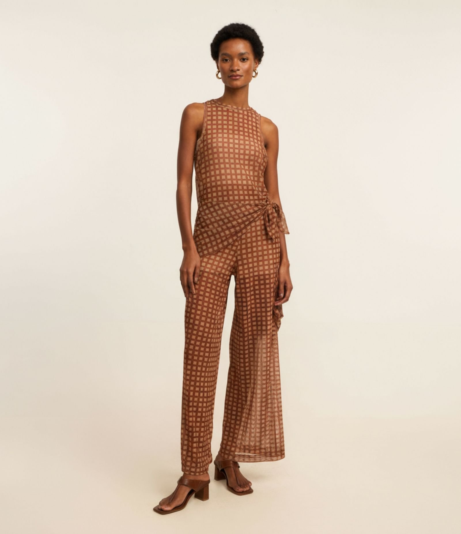 Calça Reta em Tule com Lenço Lateral Marrom 1