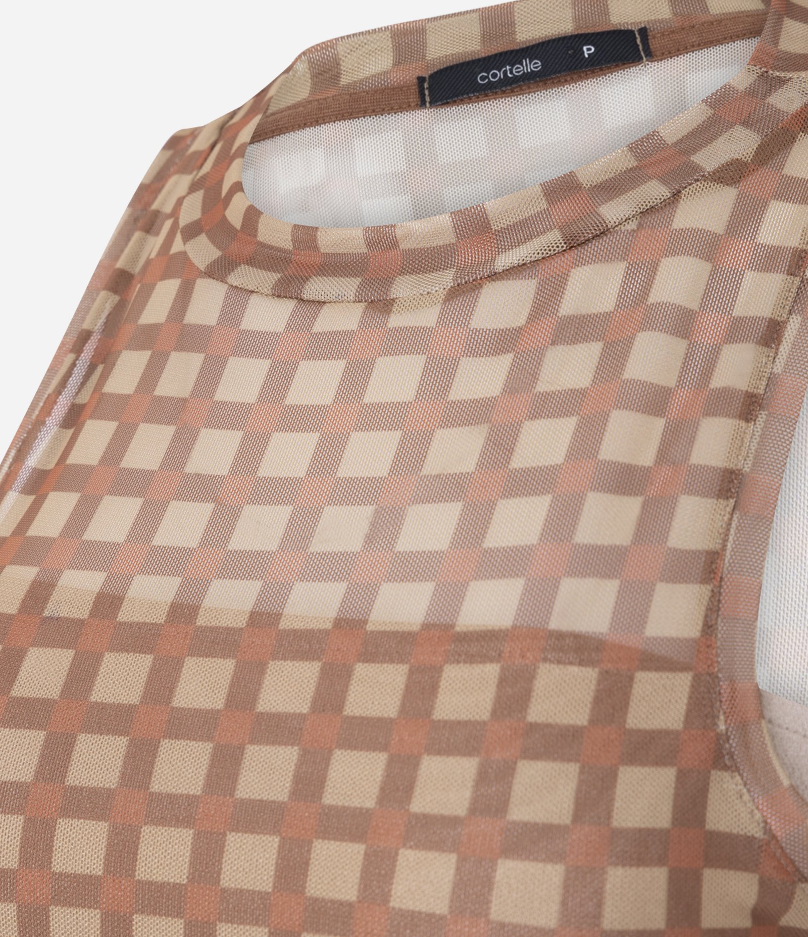 Blusa Túnica em Tule com Estampa Quadriculada Marrom 8