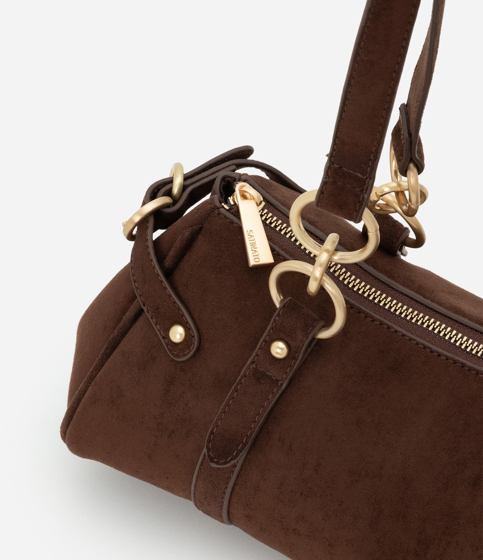 Bolsa Suede Média com Detalhes Metalizados Marrom 6