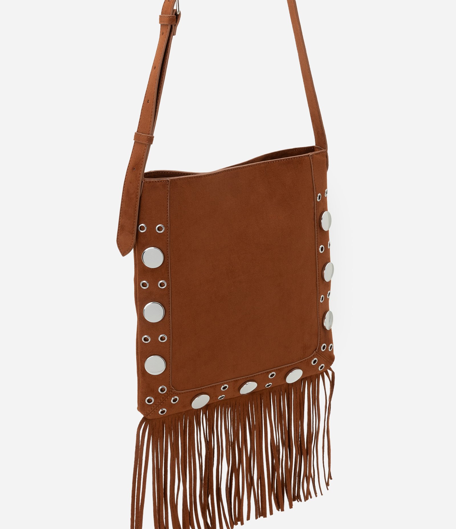 Bolsa Transversal Média em Suede com Franjas e Tachas Marrom 3