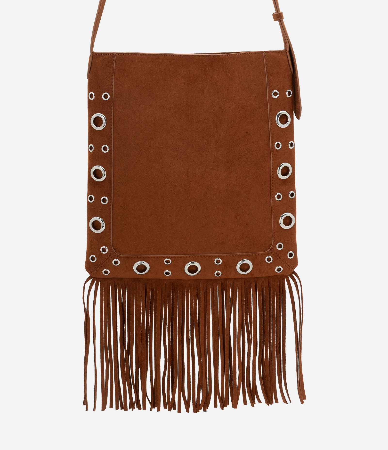 Bolsa Transversal Média em Suede com Franjas e Tachas Marrom 5