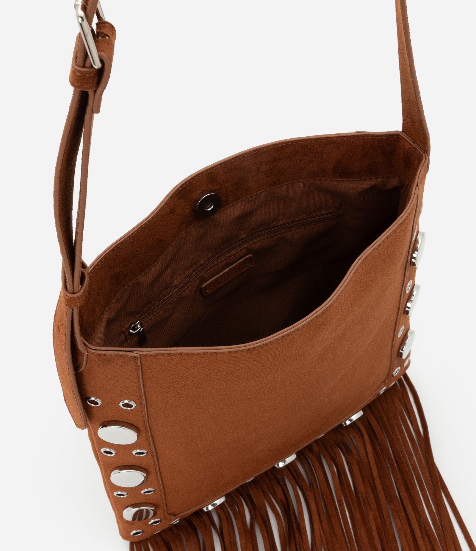 Bolsa Transversal Média em Suede com Franjas e Tachas Marrom 6