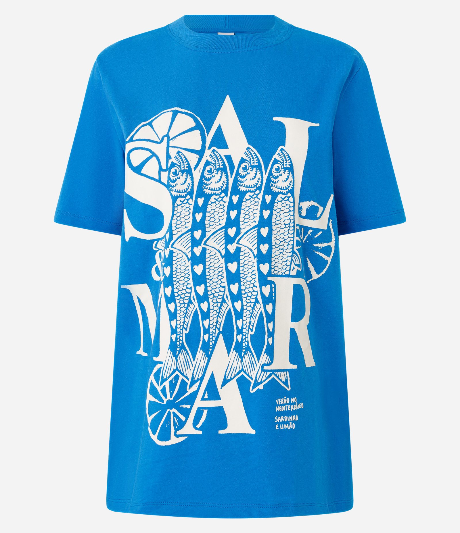 Camiseta T-shirt Alongada em Algodão com Estampa Tropical Azul 1