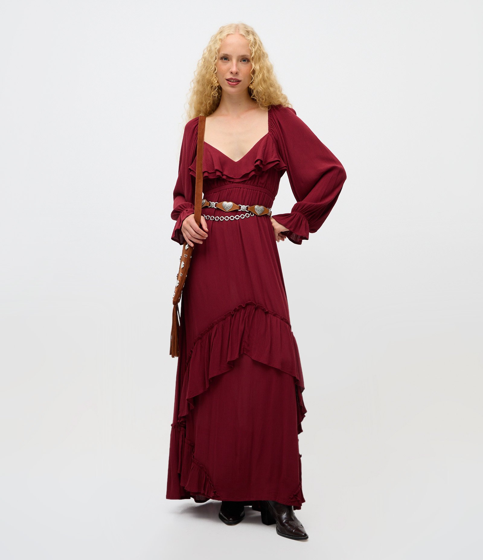 Vestido Longo Texturizado em Crinckle com Babados e Manga Bufante Vermelho 1