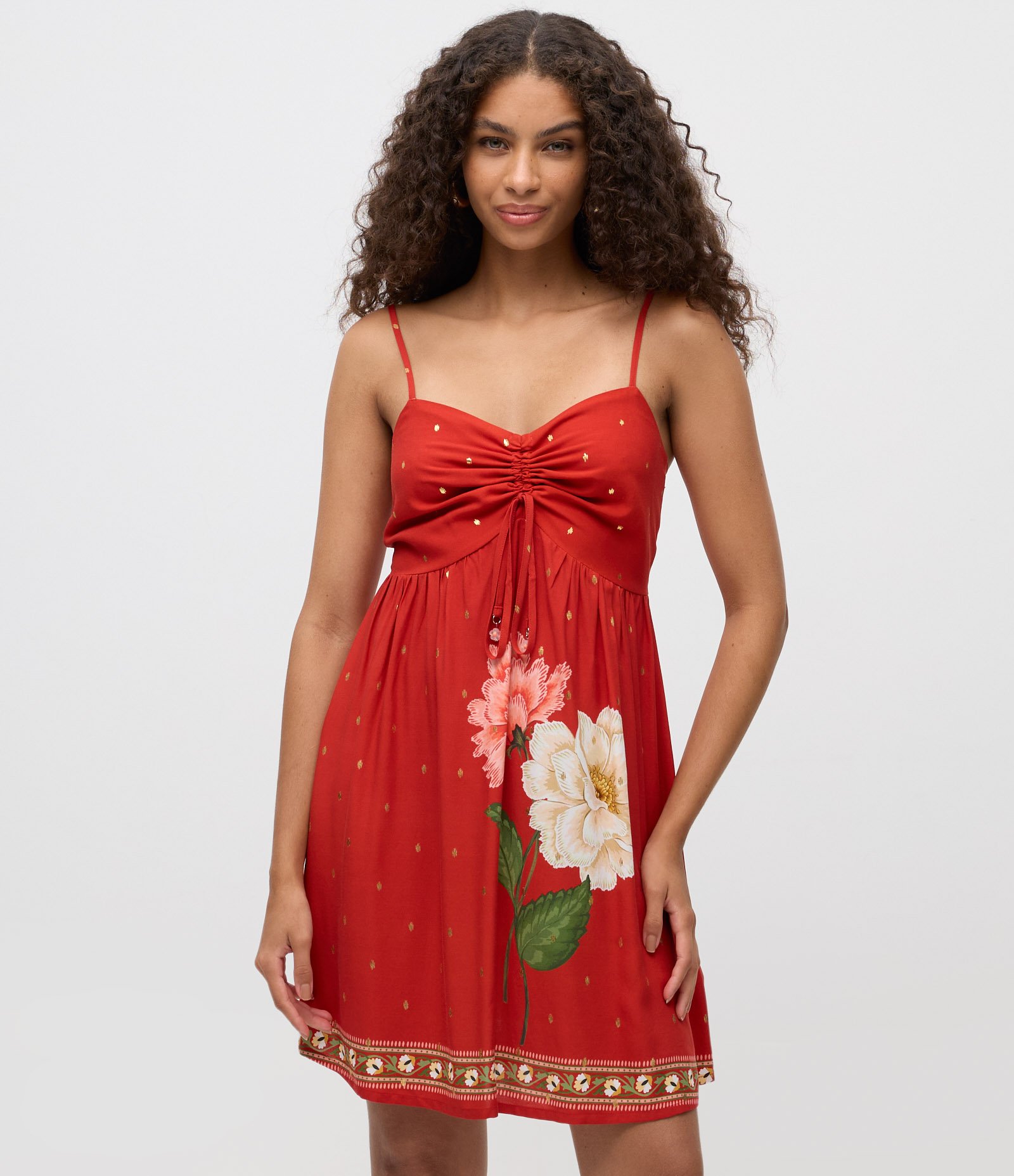 Vestido Curto em Viscose com Estampa Floral e Amarração no Busto Vermelho 1