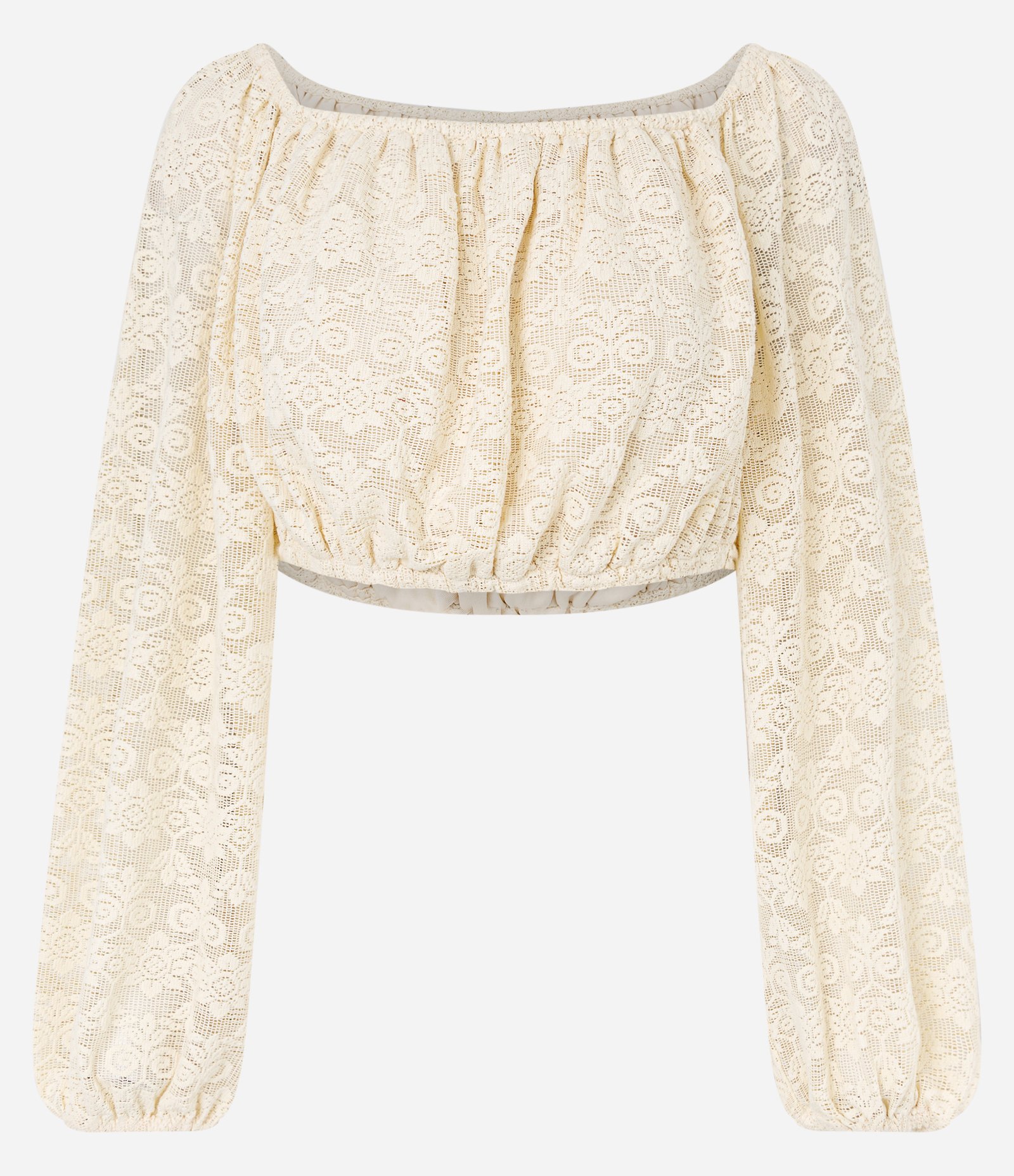 Blusa Cropped Ombro a Ombro em Jacquard Floral Bege 1