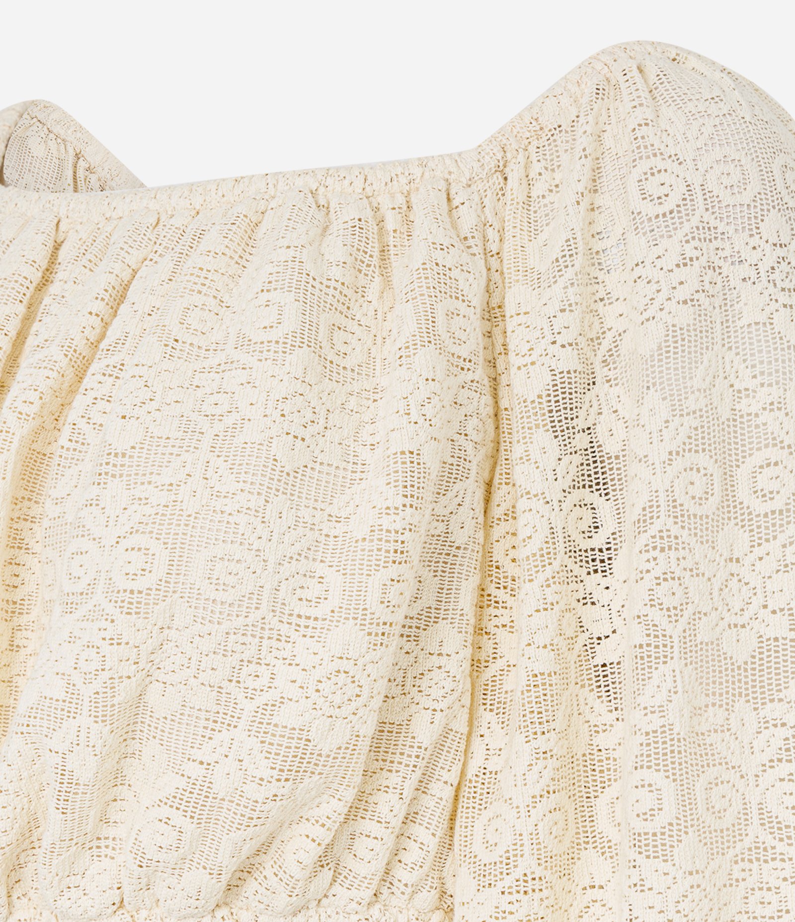 Blusa Cropped Ombro a Ombro em Jacquard Floral Bege 2