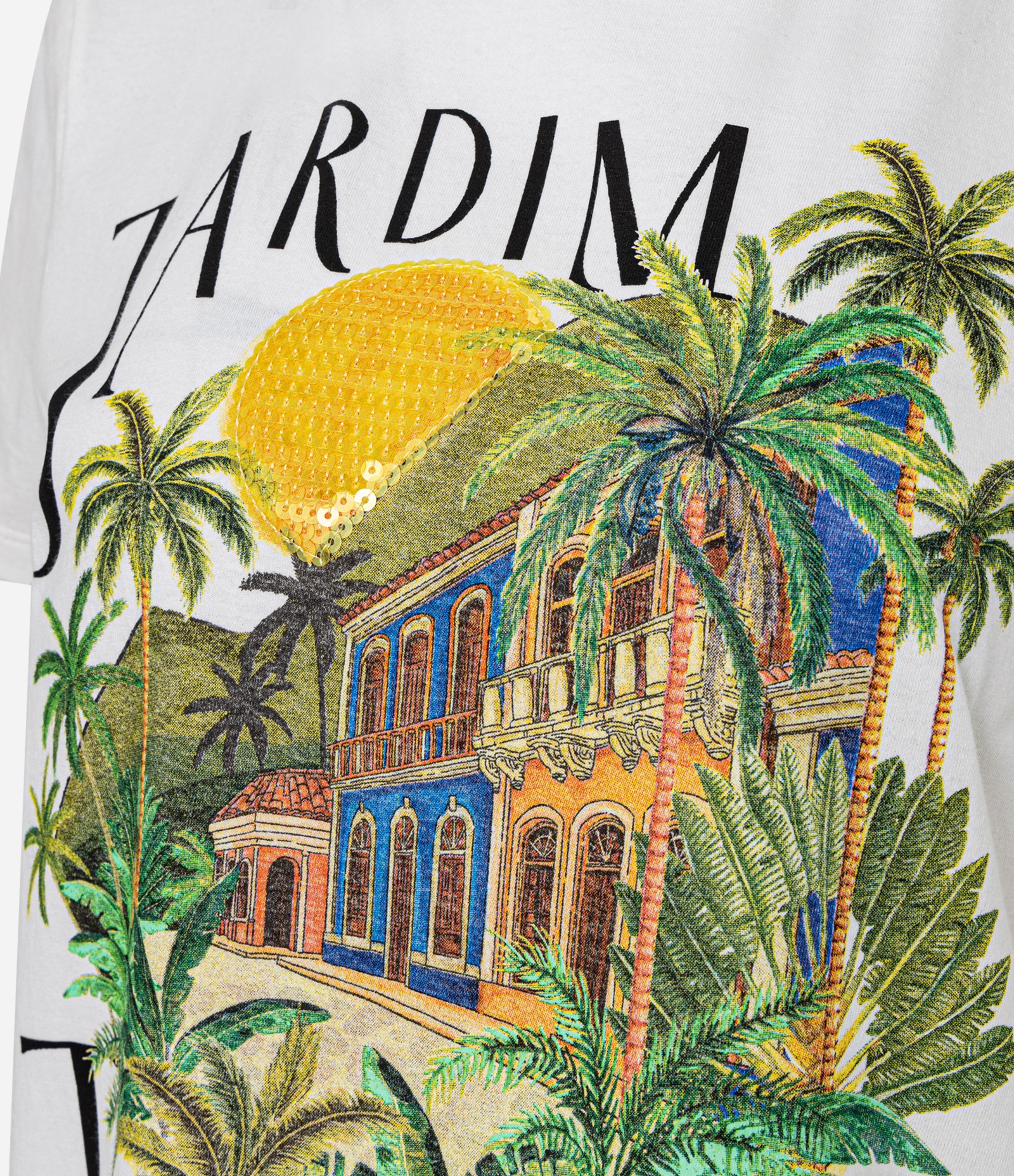 Camiseta em Algodão com Estampa Tropical e Paetês Branco 5