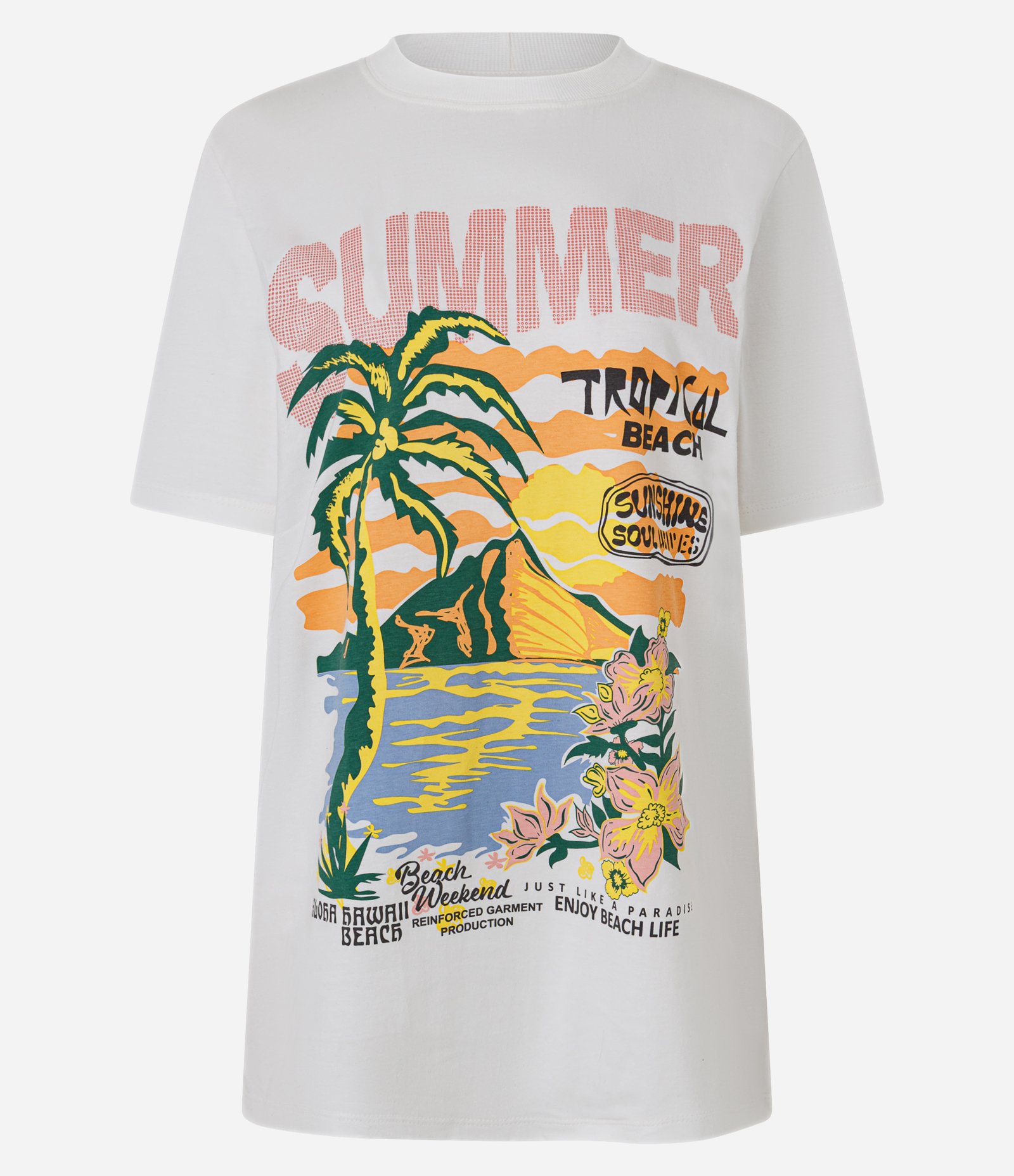 Camiseta T-Shirt alongada em Algodão com Estampa Silk Summer Tropical Branco 5