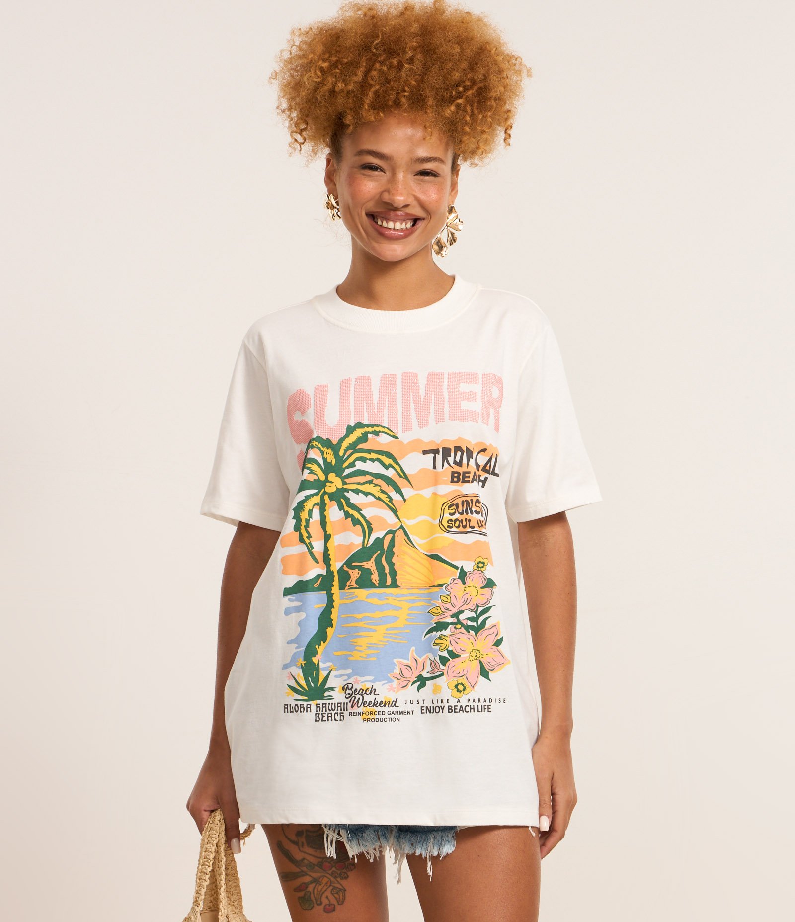Camiseta T-Shirt alongada em Algodão com Estampa Silk Summer Tropical Branco 3