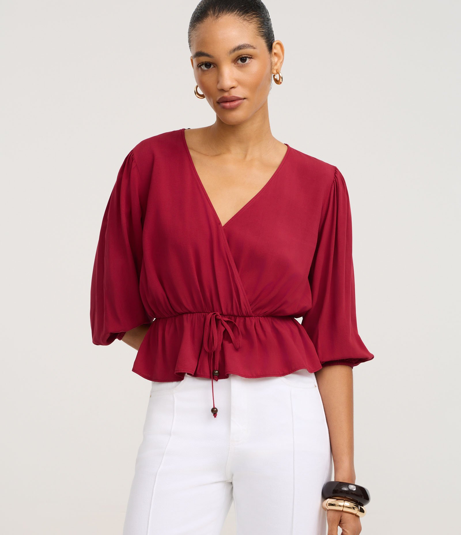 Blusa Peplum em Viscose com Decote V Transpassado Bordô 1
