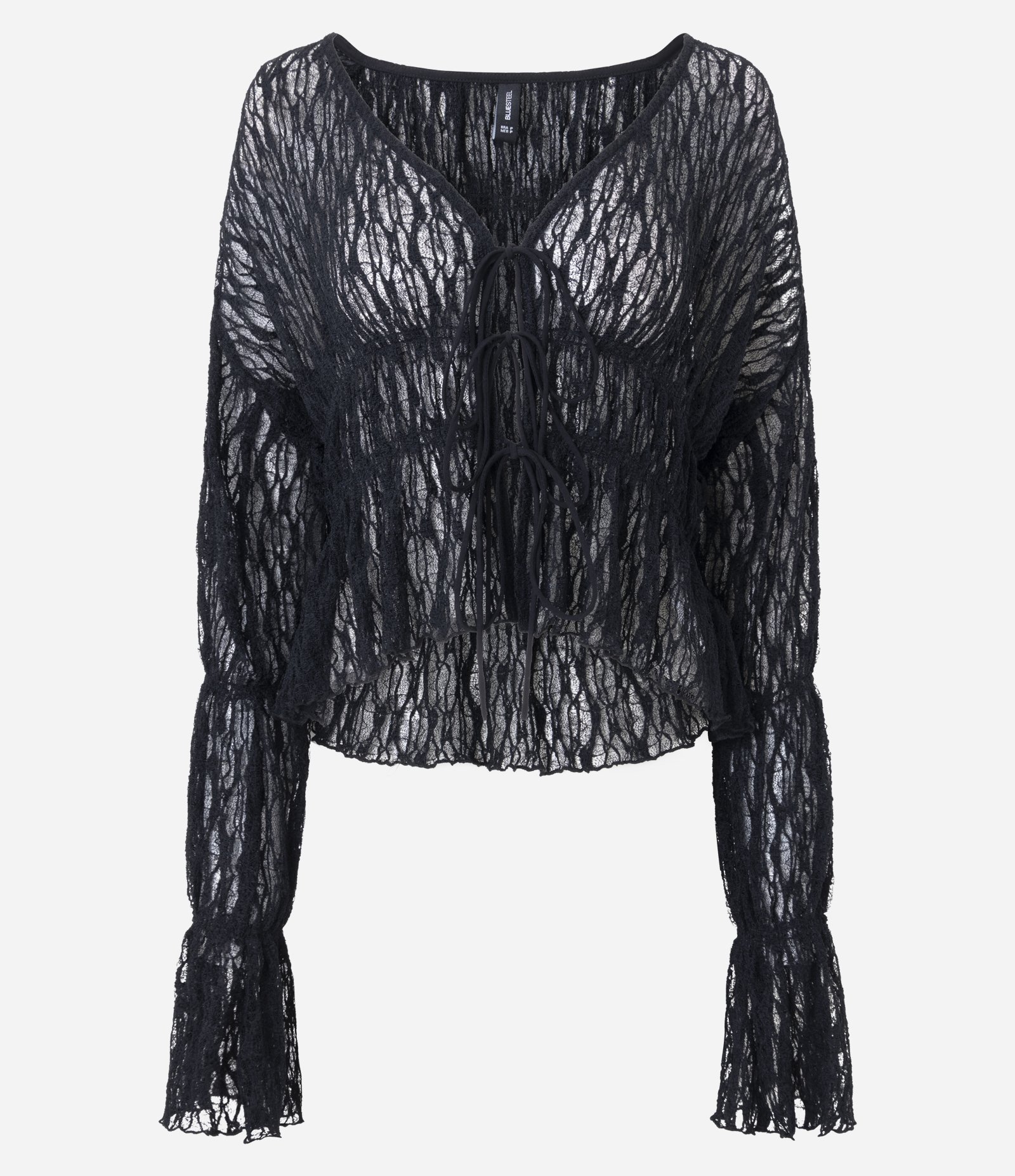 Blusa Renda Texturizada com Lacinhos e Manga Longa Preto 5