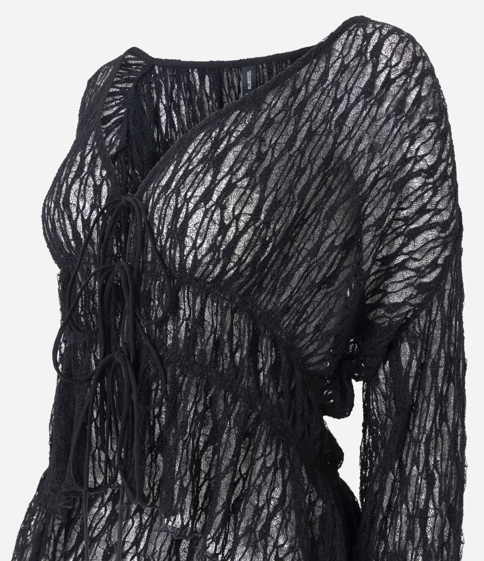 Blusa Renda Texturizada com Lacinhos e Manga Longa Preto 6