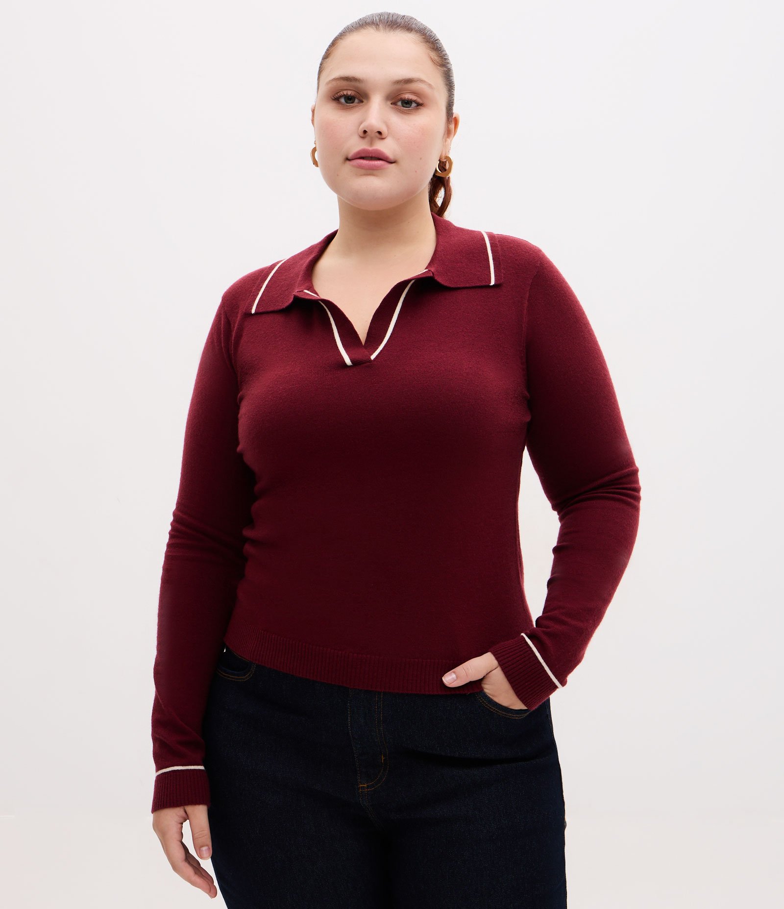 Suéter Slim em Tricô com Gola Polo e Detalhe Contrastante Vinho 1