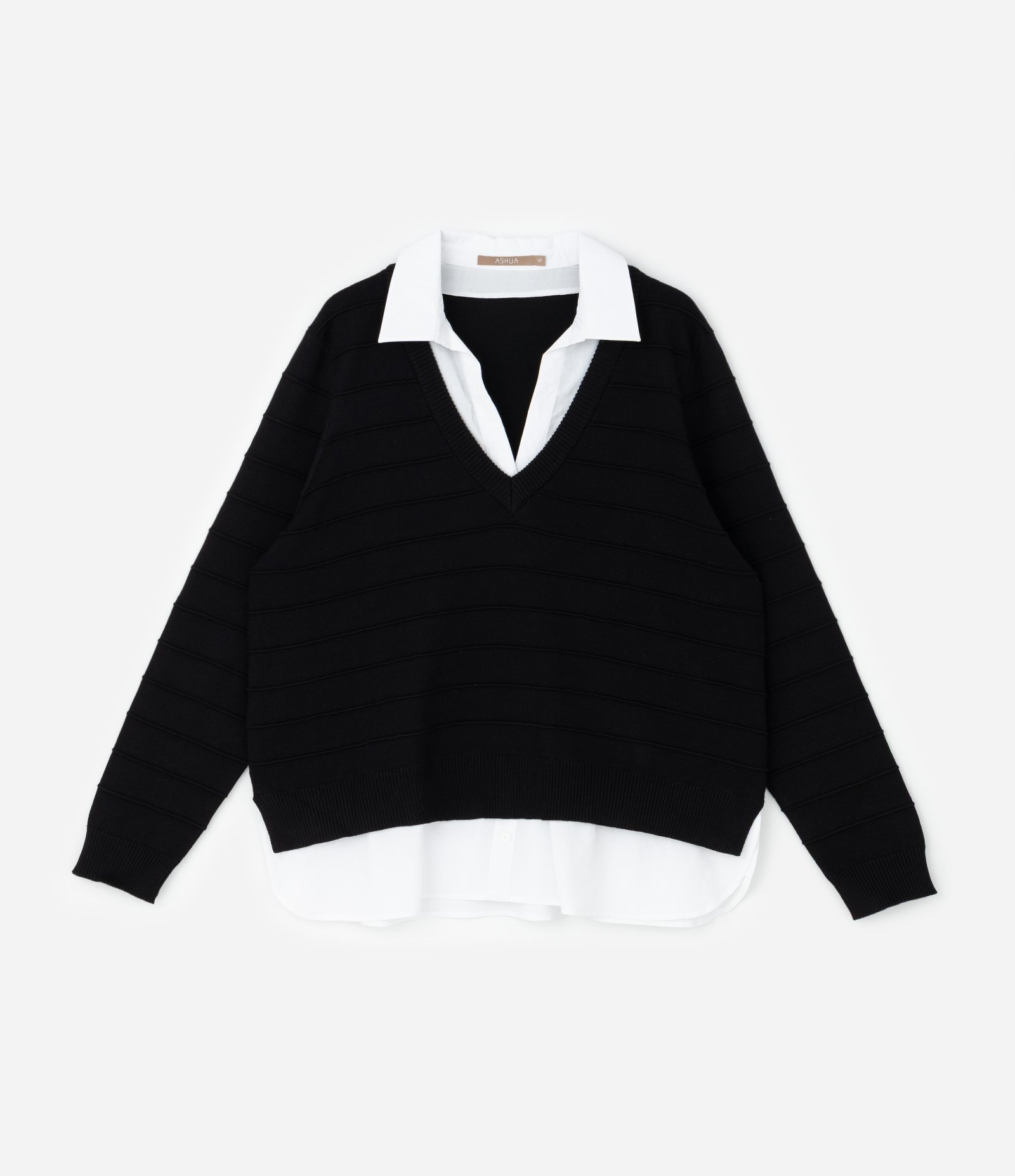 Suéter em Tricô com Efeito de Sobreposição Curve & Plus Size Preto 1