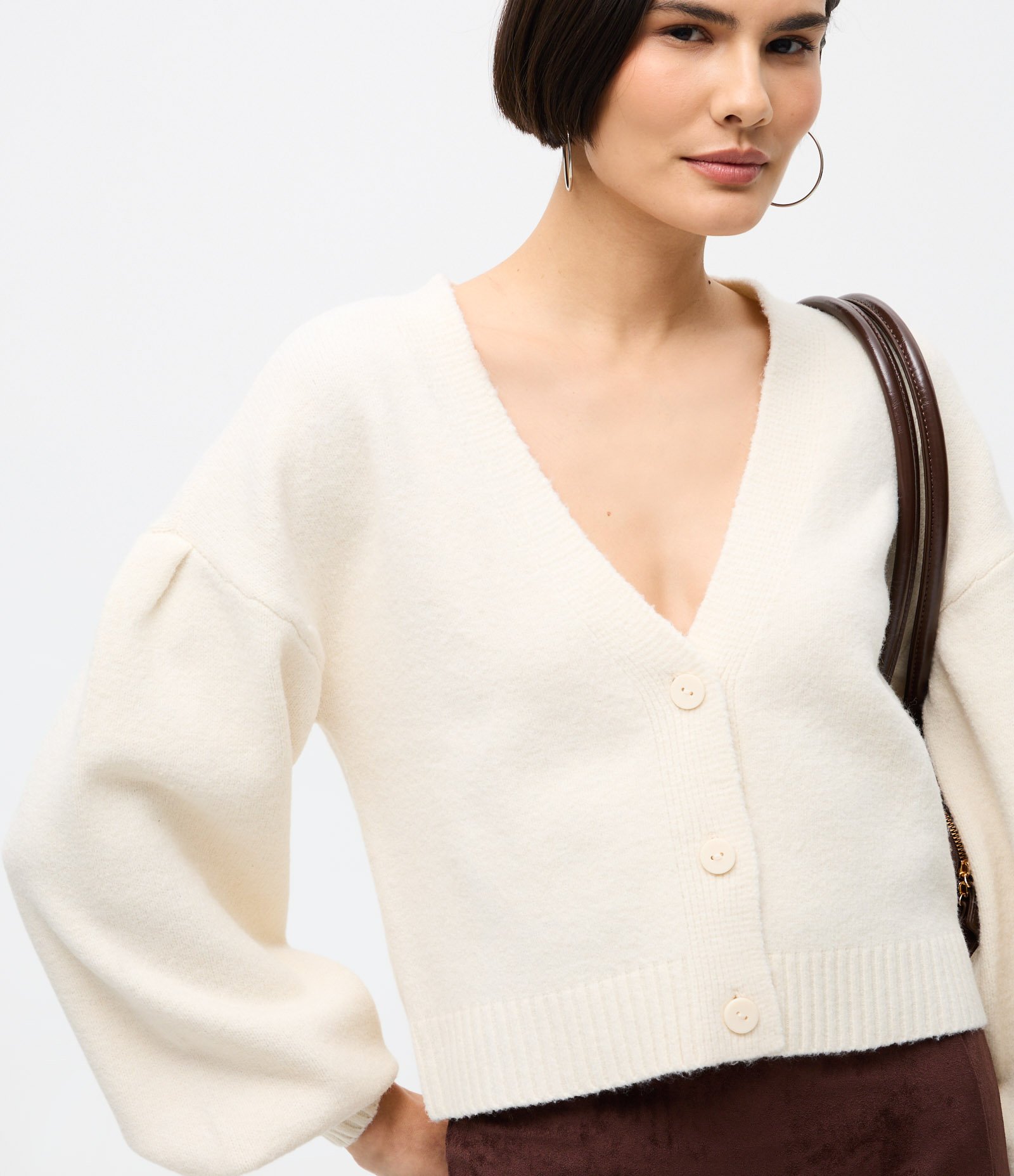 Cardigan Curto em Tricô com Decote V e Botões Frontais Off White 3