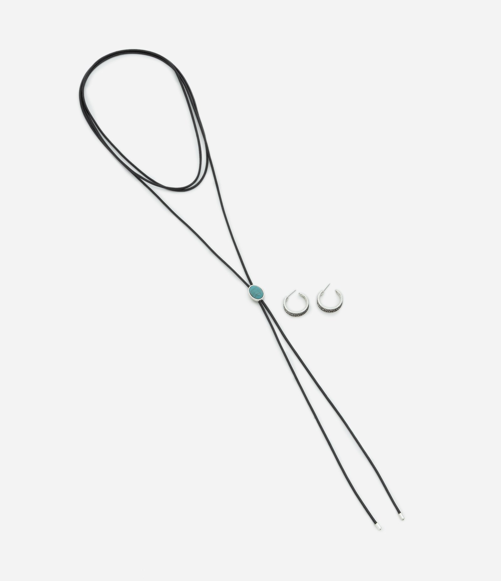 Conjunto de Colar Gravata e Brinco Argola em Resina e Banho Prata Envelhecida Prata 3