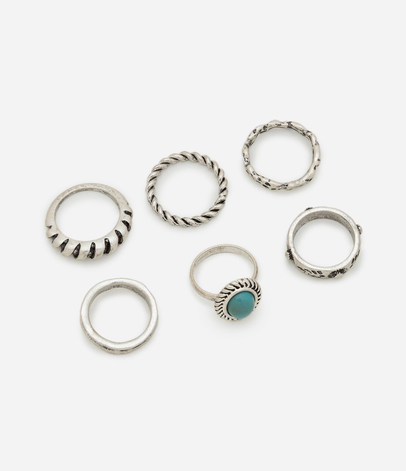 Kit 06 Anéis em Metal com Detalhes Arabesco e Resina Prata 2