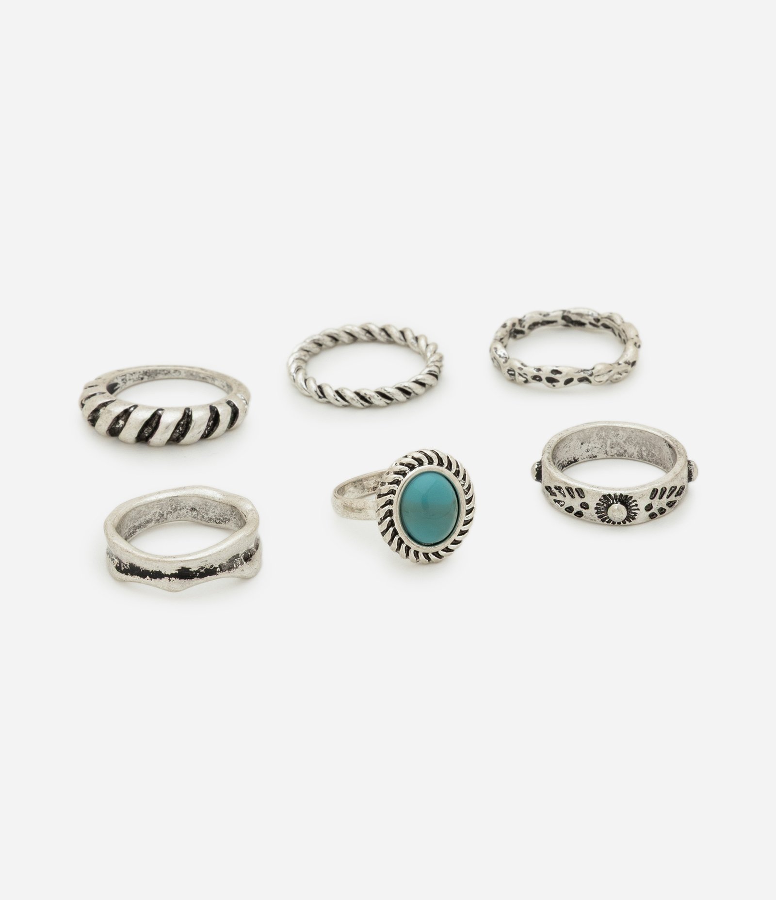 Kit 06 Anéis em Metal com Detalhes Arabesco e Resina Prata 3