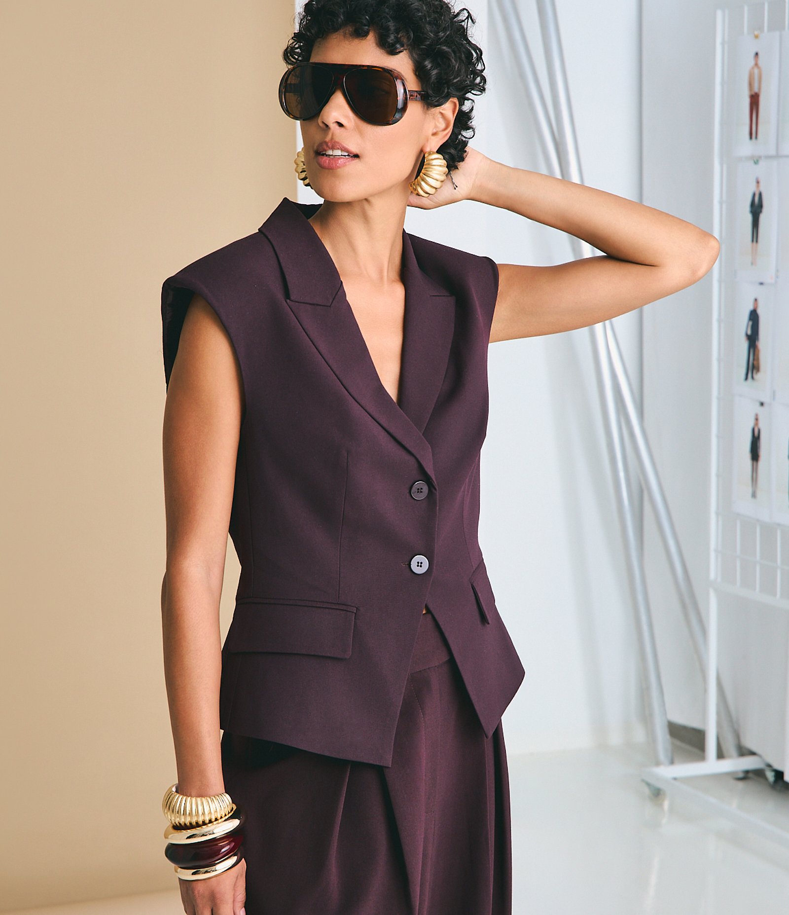 Colete Hourglass em Alfaiataria com Bolsos Frontais Roxo 1