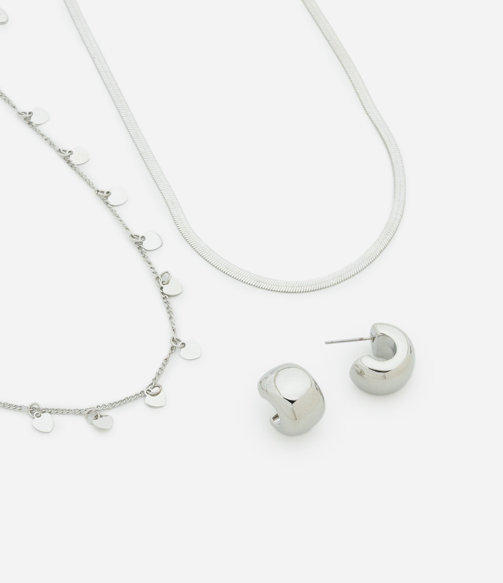 Conjunto de Colar Camadas com Pingente de Coração e Brinco Argola Bold Prata 1
