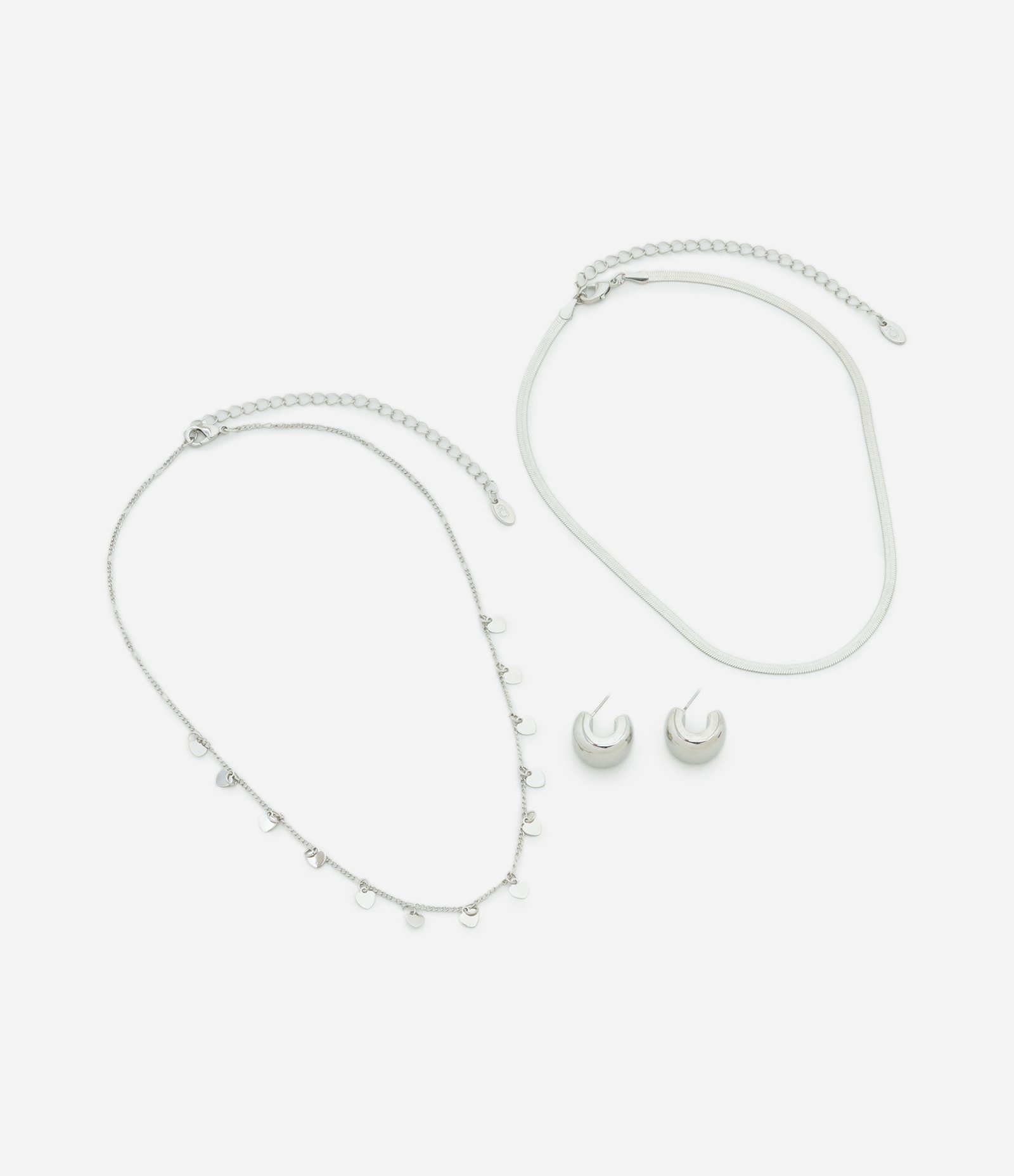 Conjunto de Colar Camadas com Pingente de Coração e Brinco Argola Bold Prata 2